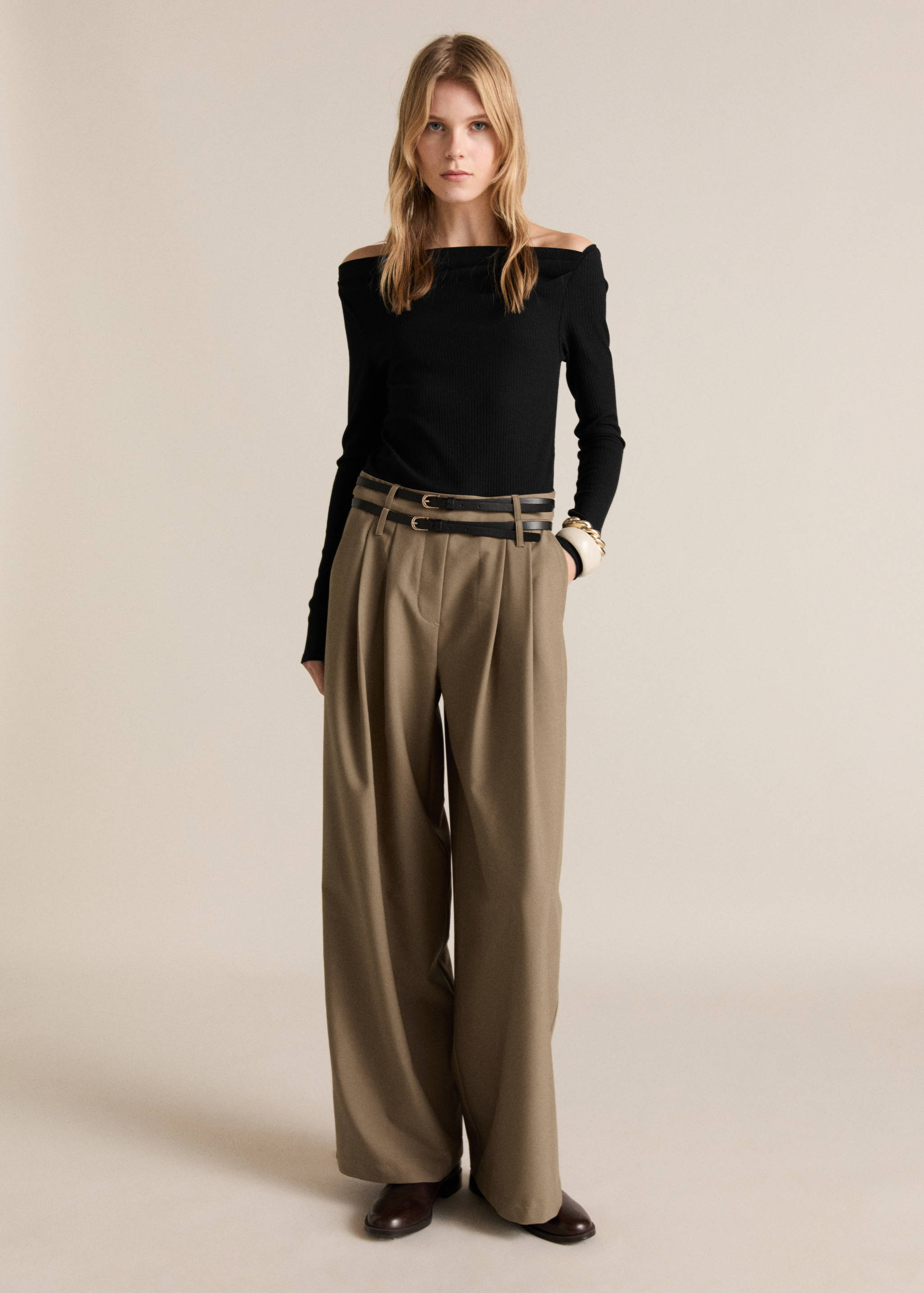 Combined-fabric jumpsuit with belt - General plane