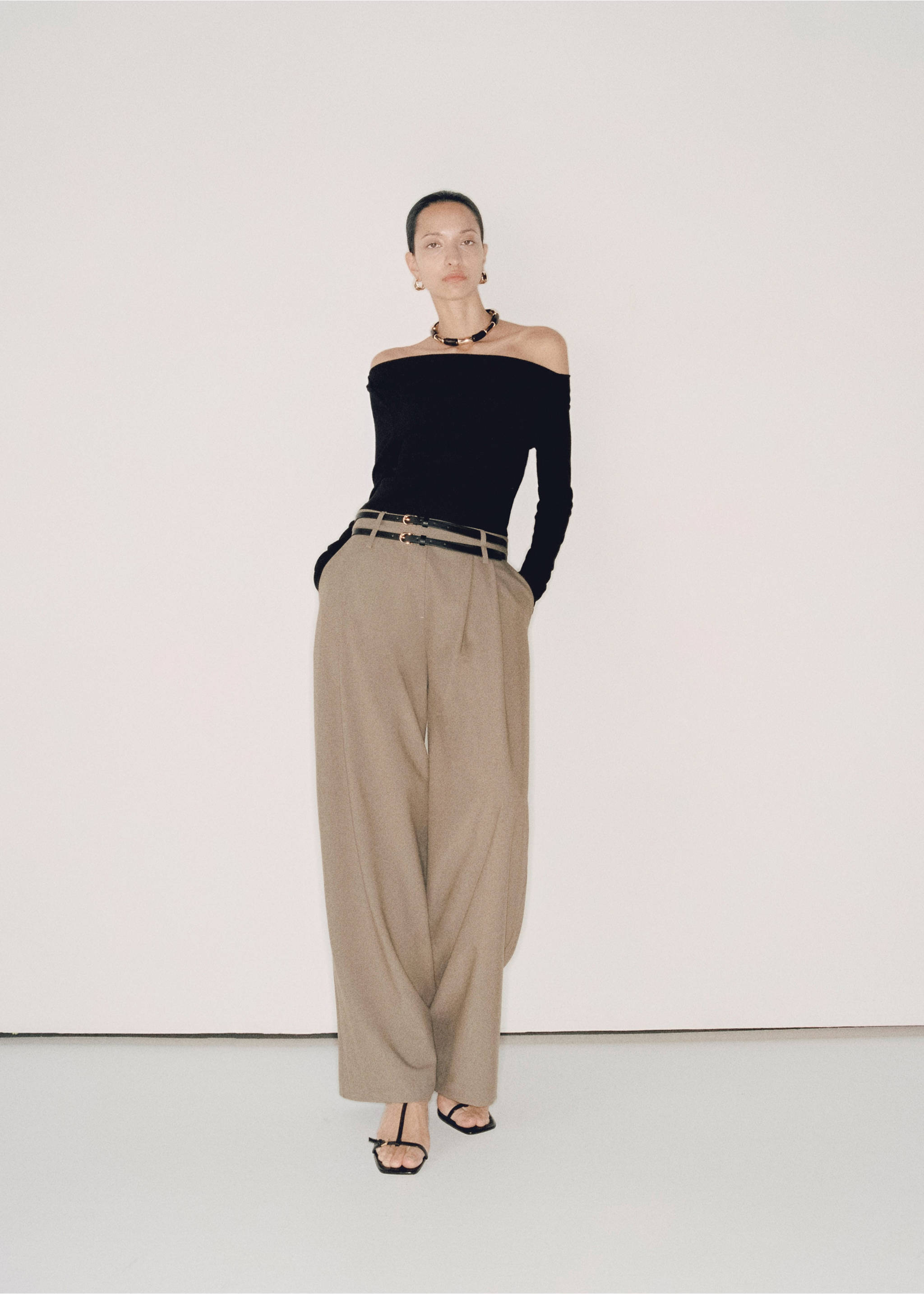 Combined-fabric jumpsuit with belt - Details of the article 7, Black. Ref: 87024070-00.