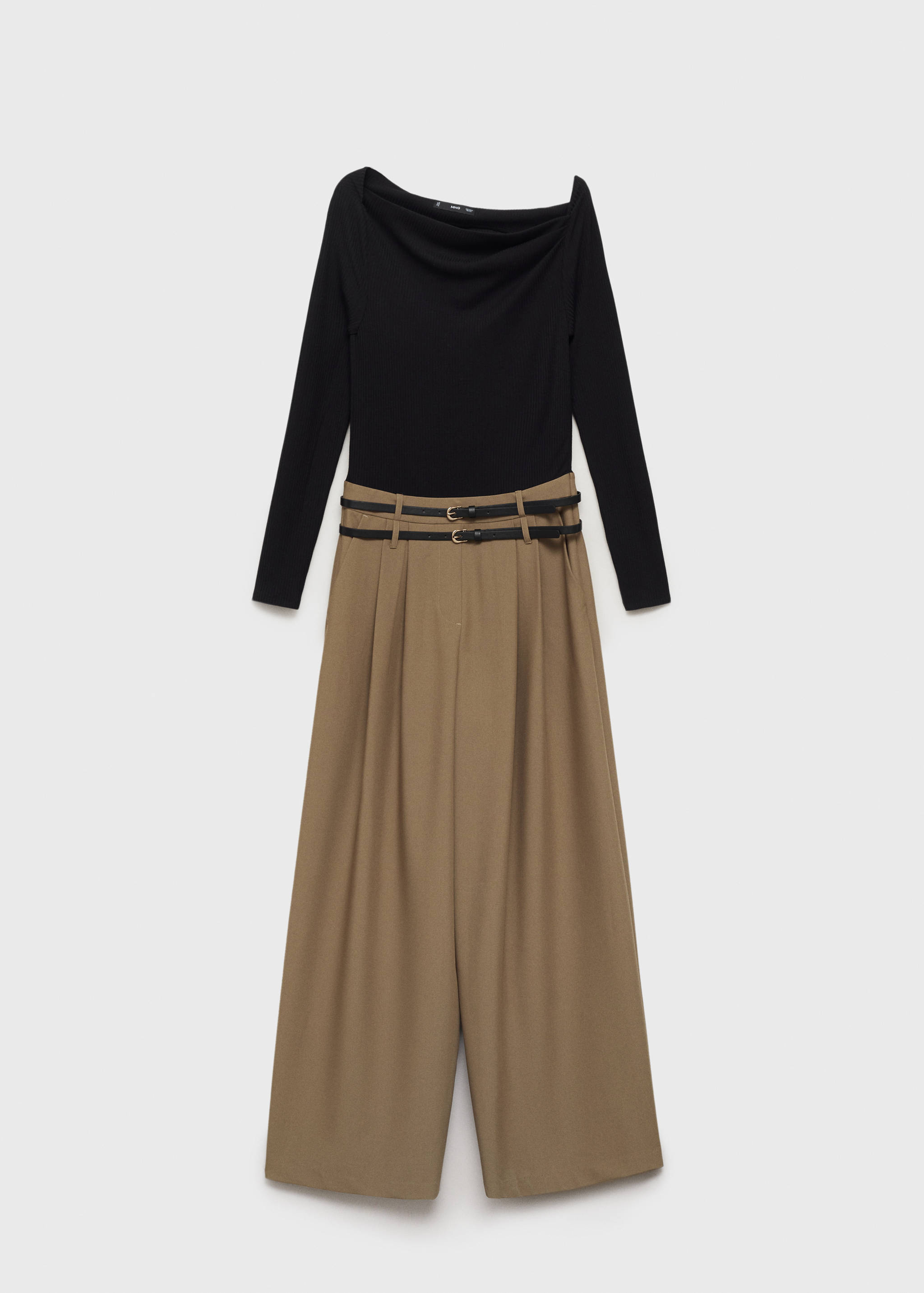 Combined-fabric jumpsuit with belt - Article without model