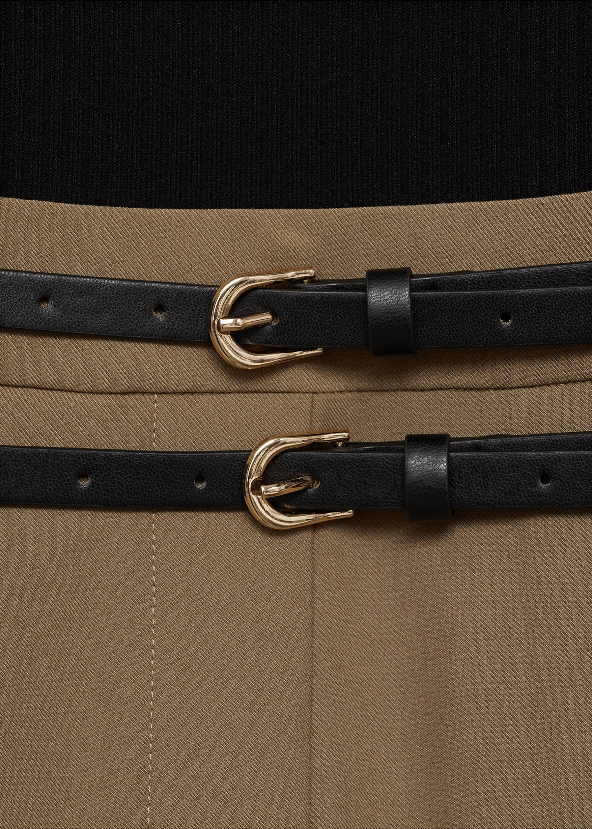 Combined-fabric jumpsuit with belt - Details of the article 8, Black. Ref: 87024070-00.