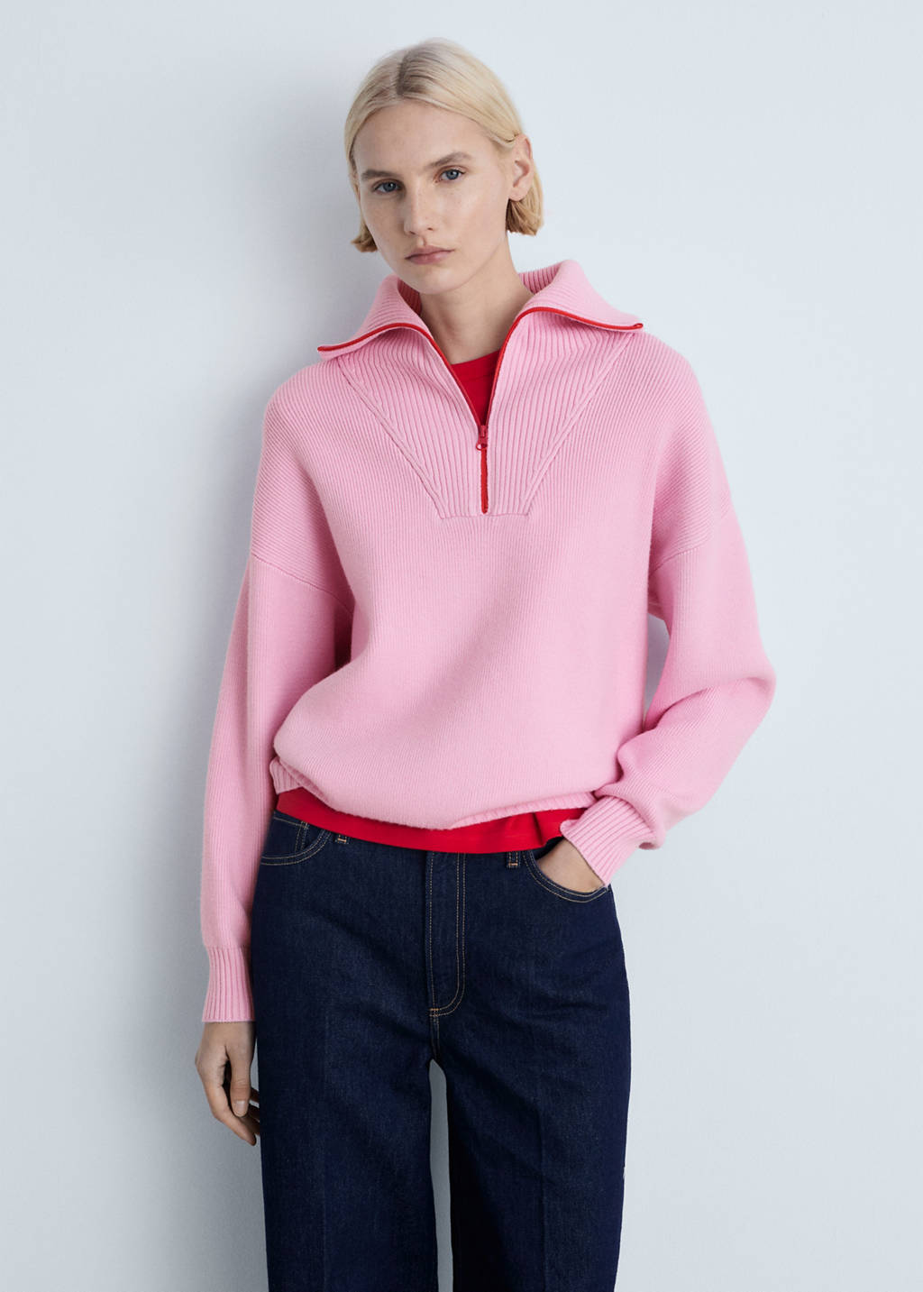 Contrasting knitted sweater with zipper - Women | MANGO OUTLET USA