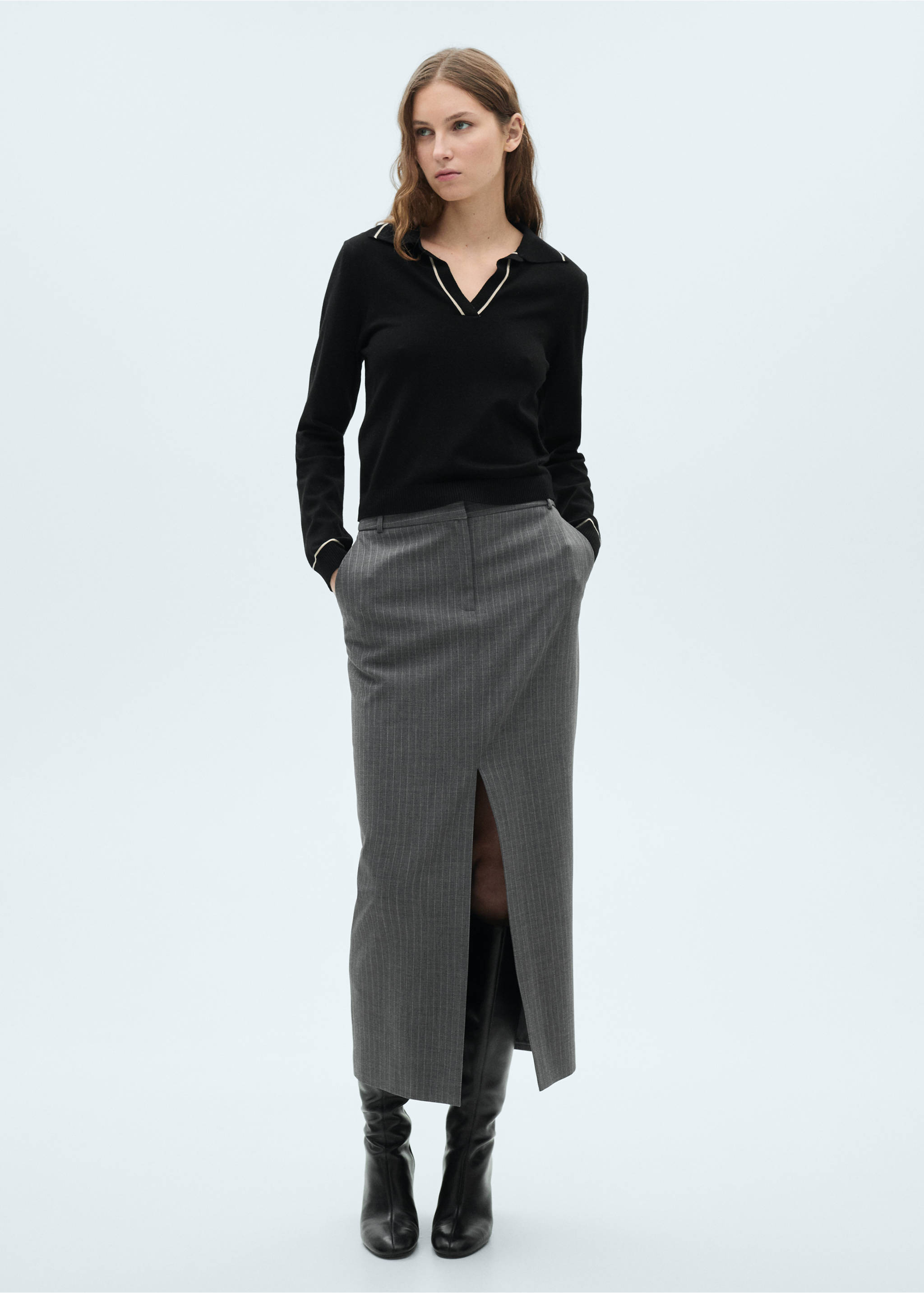 Sweater with contrasting lapels and trims - General plane, Black. Ref: 87024078-00.