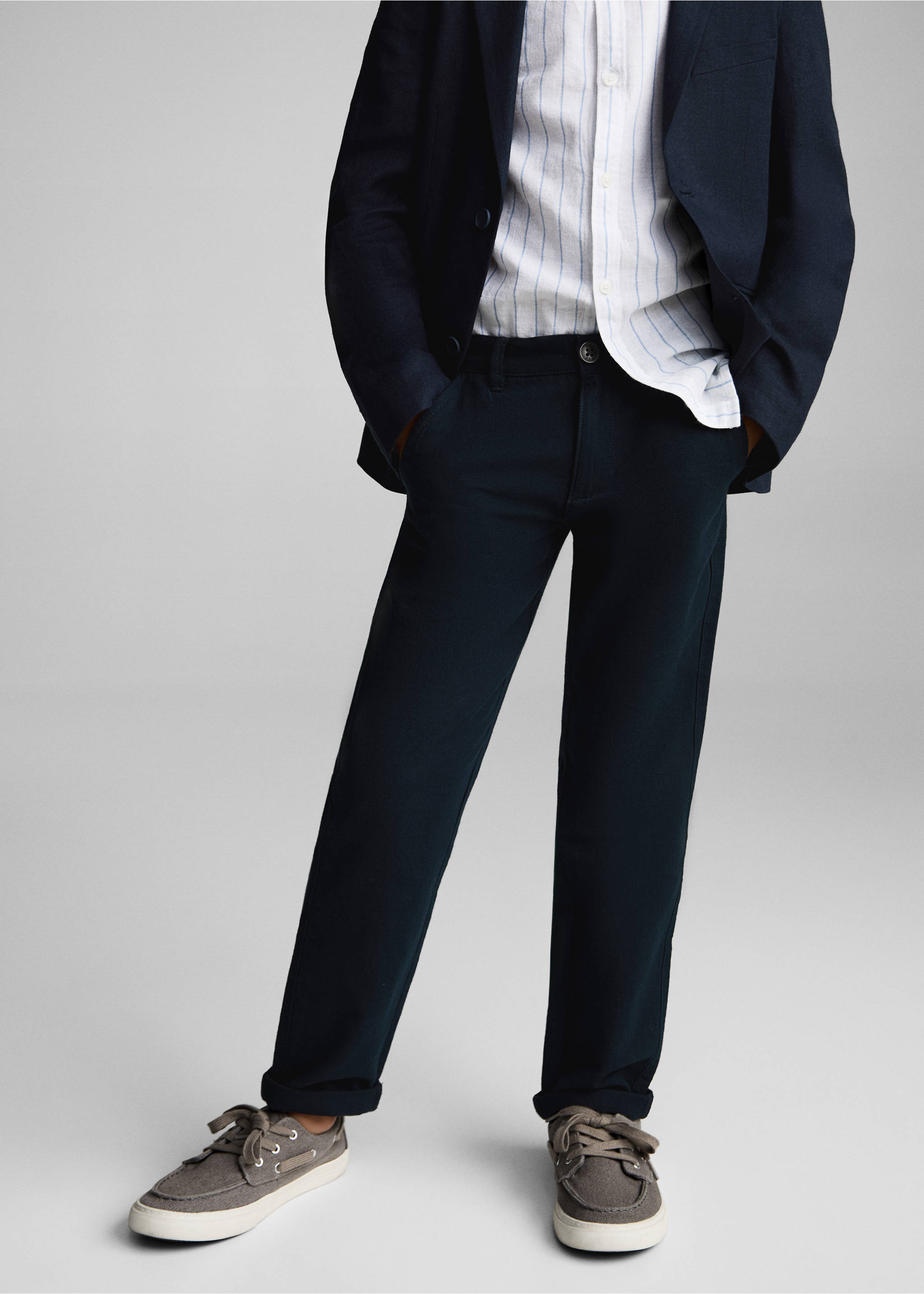 Cotton linen-blend trousers - Medium plane, Dark Navy. Ref: 87024404-00.