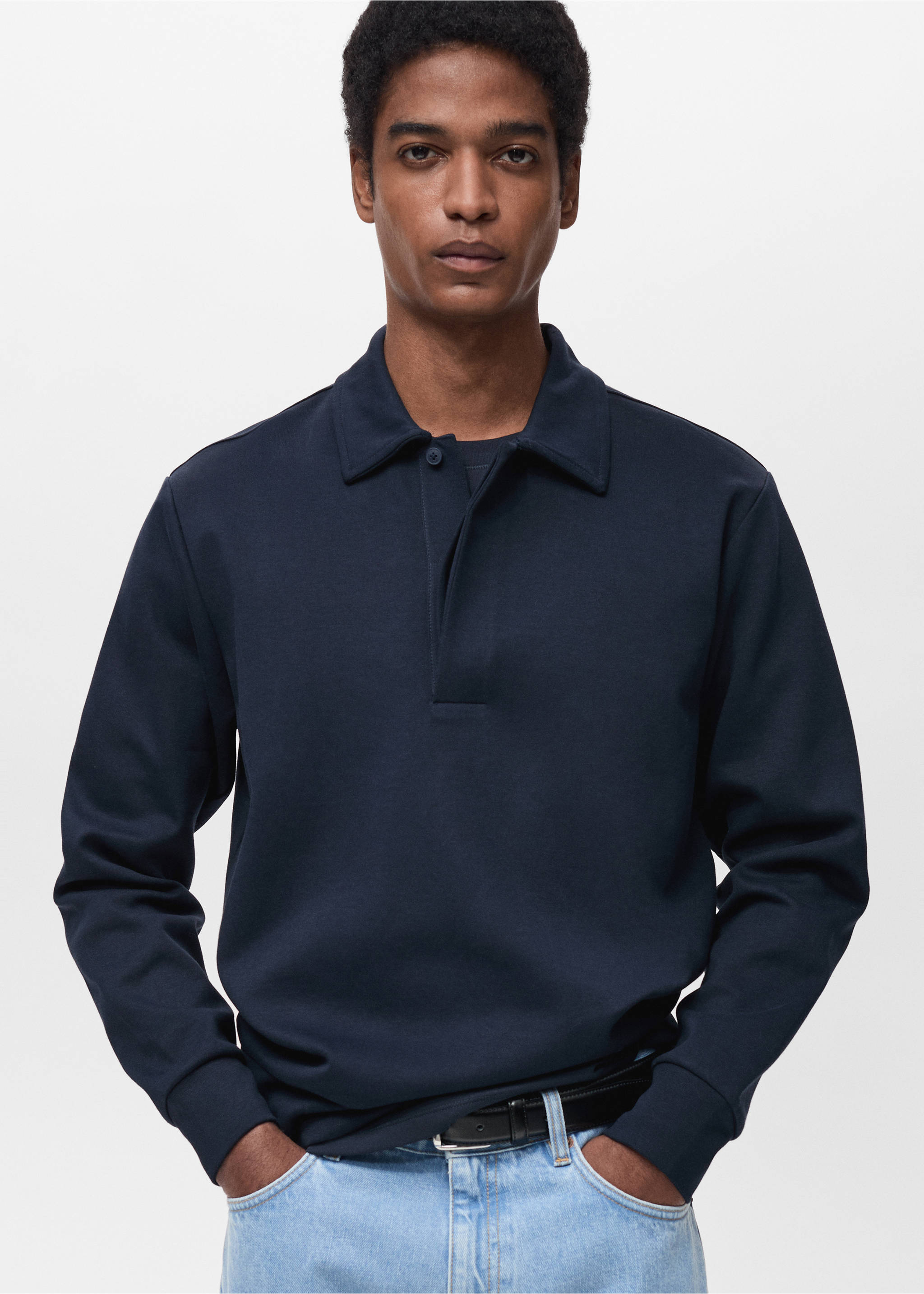 Sweat-shirt polo coton regular-fit - Plan moyen, Bleu nuit. Ref: 87024413-00.