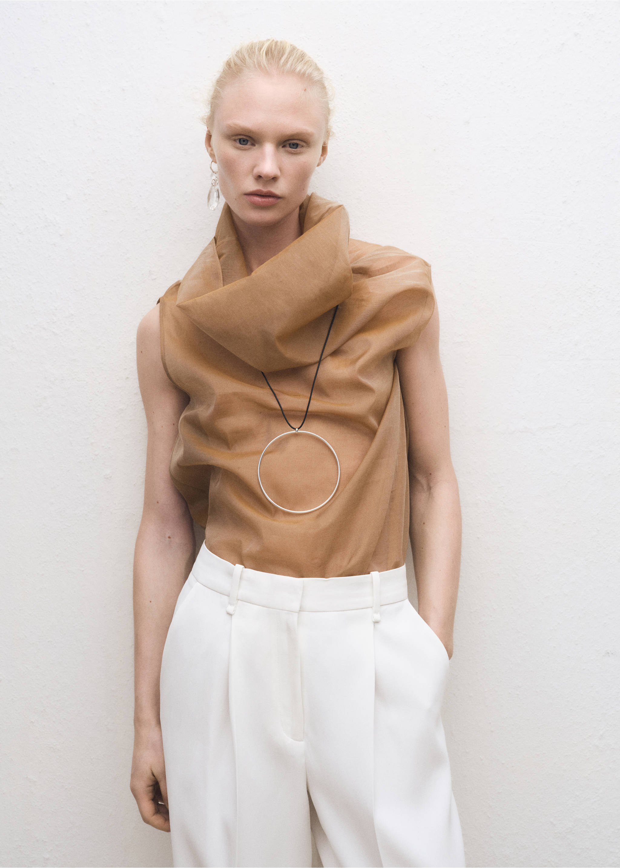 Silk blouse with asymmetrical neckline - Medium plane, Medium Brown. Ref: 87024419-00.