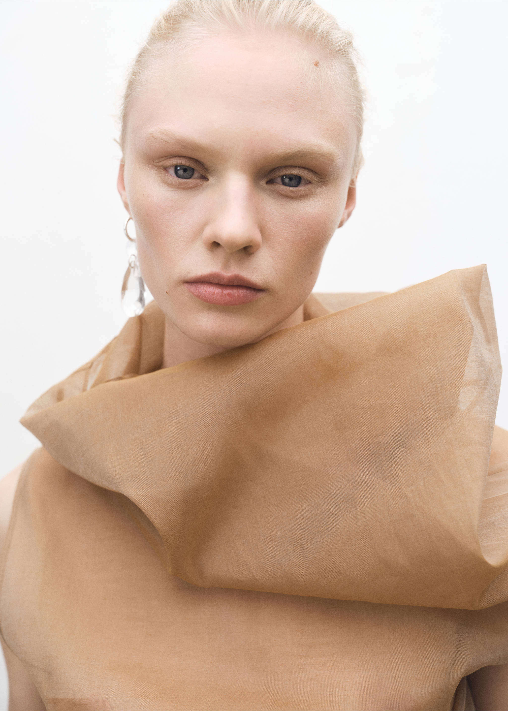 Silk blouse with asymmetrical neckline - Details of the article 1, Medium Brown. Ref: 87024419-00.