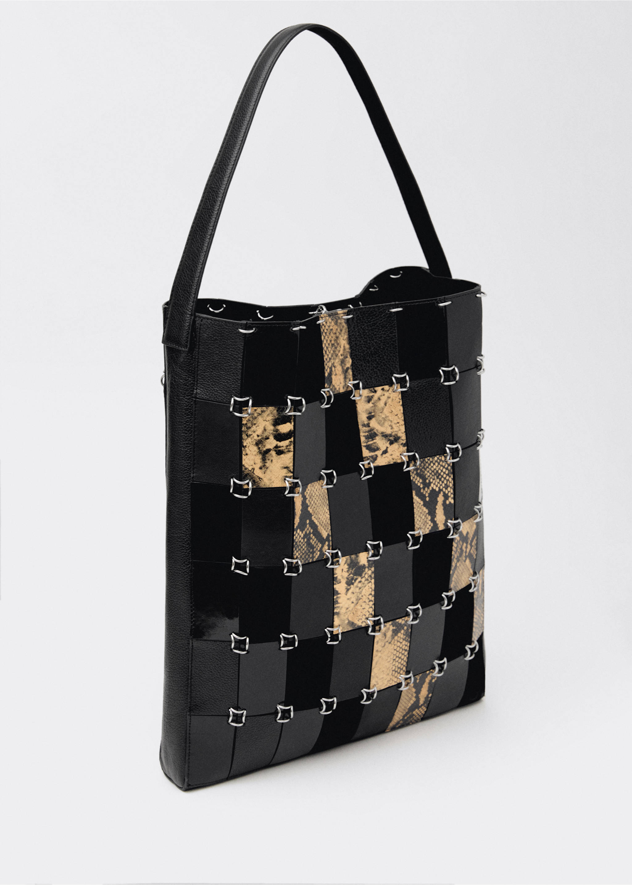 Bolso shopper piel patchwork combinado - Plano medio, Negro. Ref: 87024425-00.