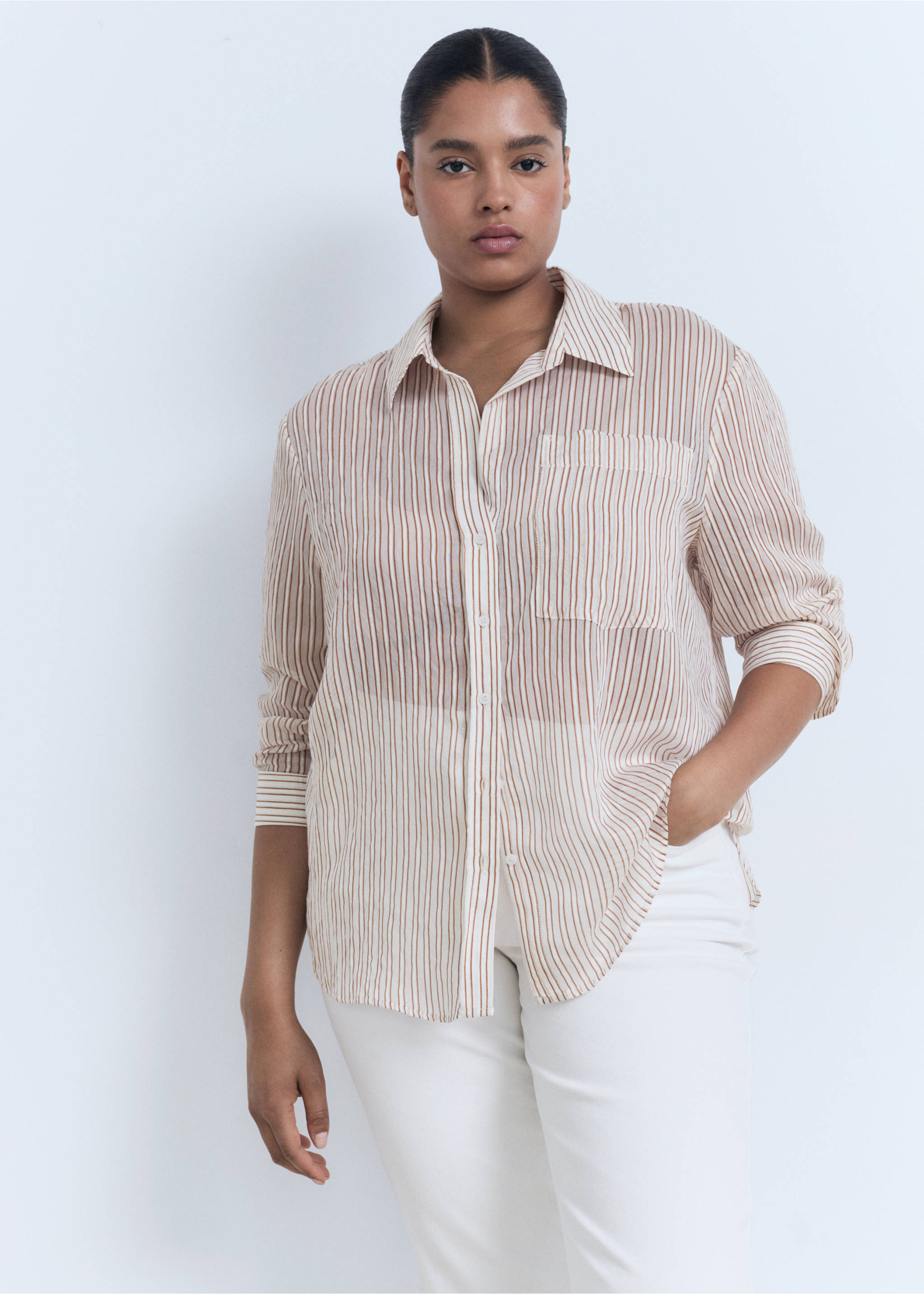 Semi-transparent striped shirt - Details of the article 5, Brown. Ref: 87024803-00.