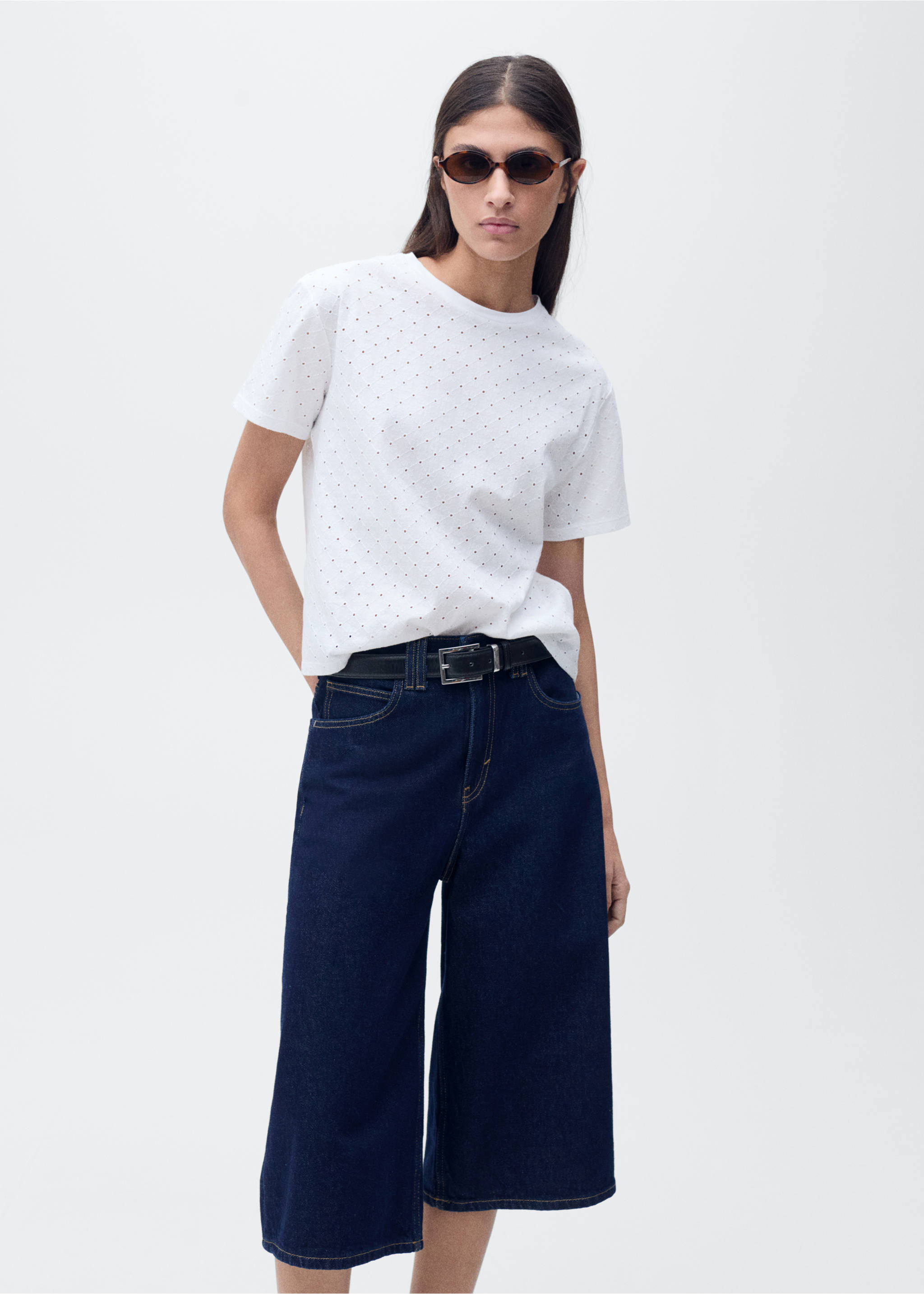 Embroidered openwork t-shirt - Medium plane, White. Ref: 87025747-00.