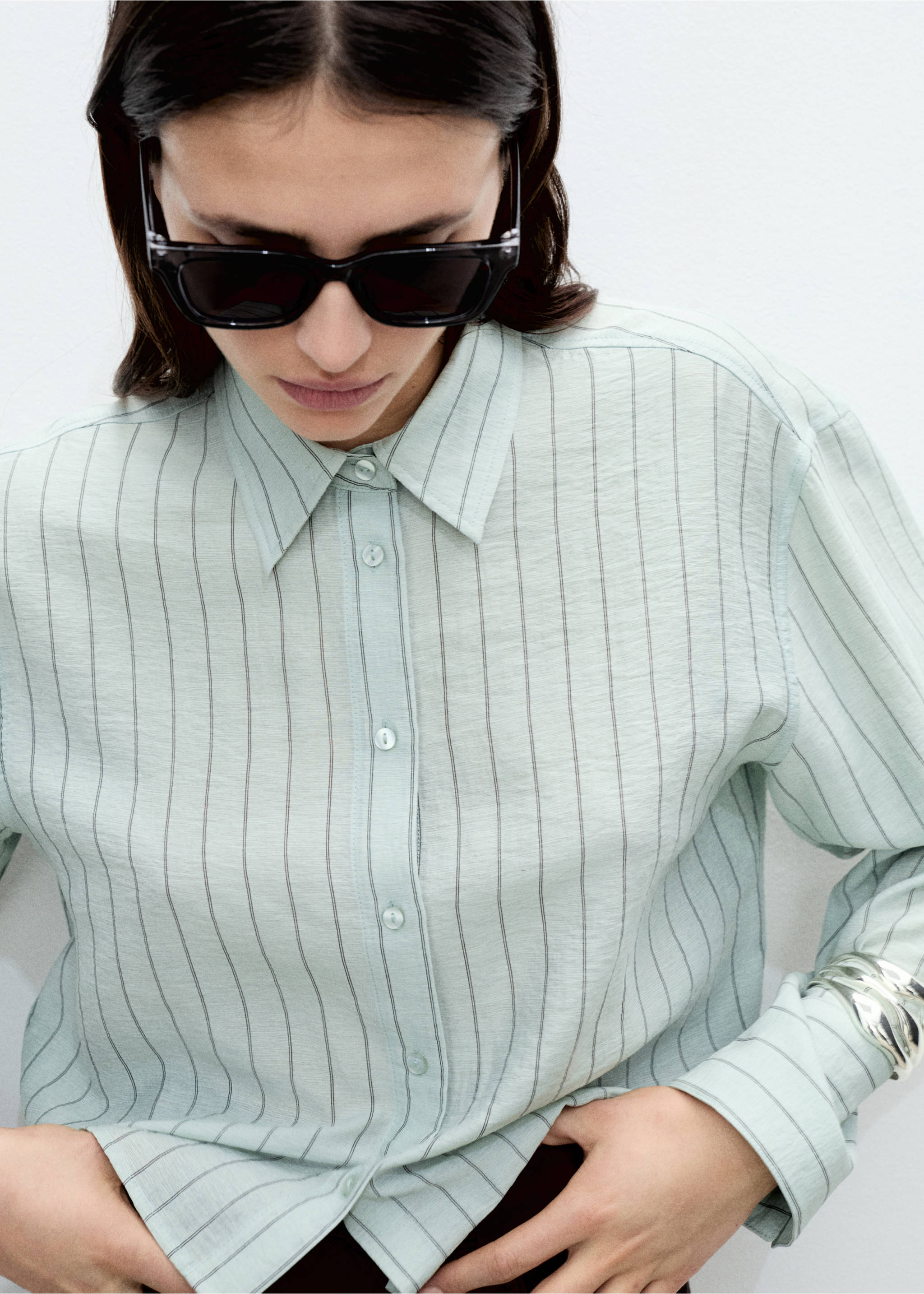 Striped cropped shirt - Details of the article 1, Green. Ref: 87025750-00.