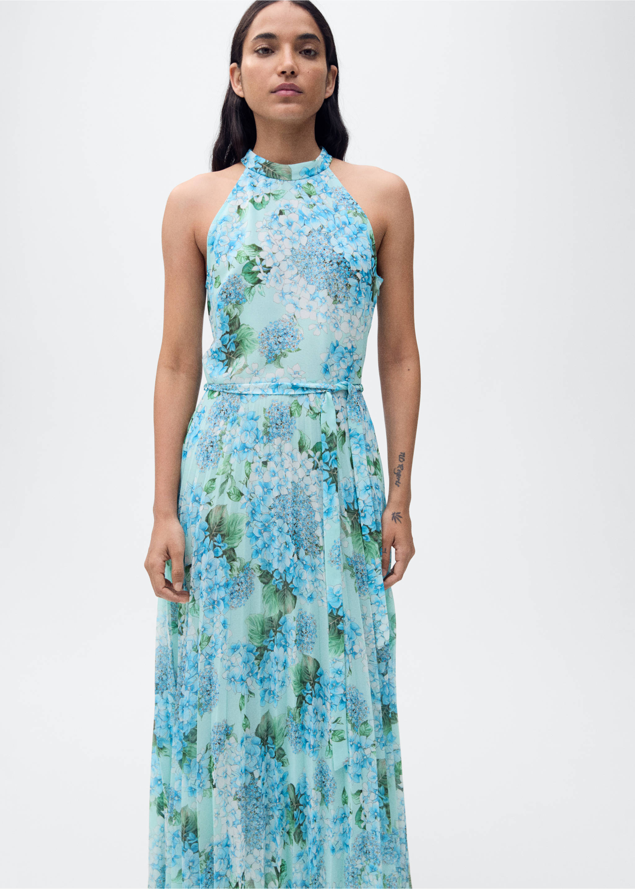 Floral-print pleated dress - Medium plane, Blue. Ref: 87025756-00.