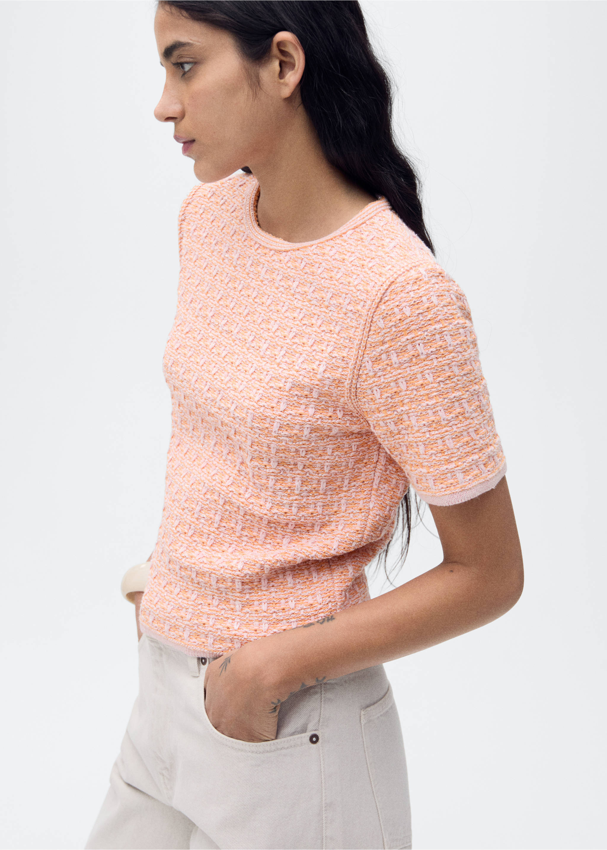 Short-sleeved tweed sweater - Details of the article 6, Pastel Pink. Ref: 87025764-00.