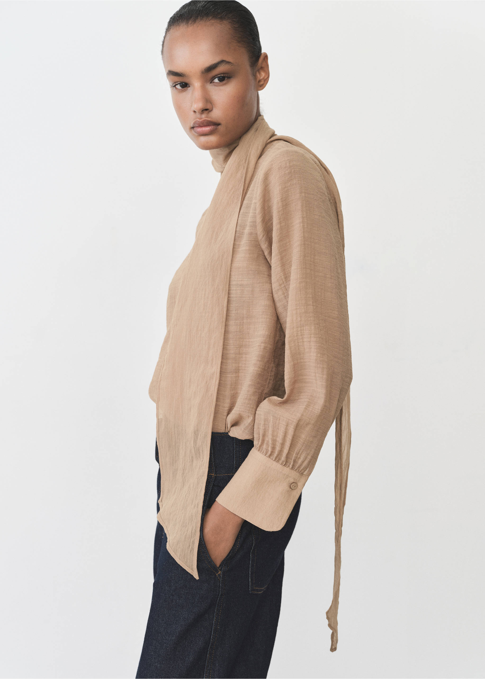 Textured blouse with bow - Medium plane, Brown. Ref: 87025766-00.