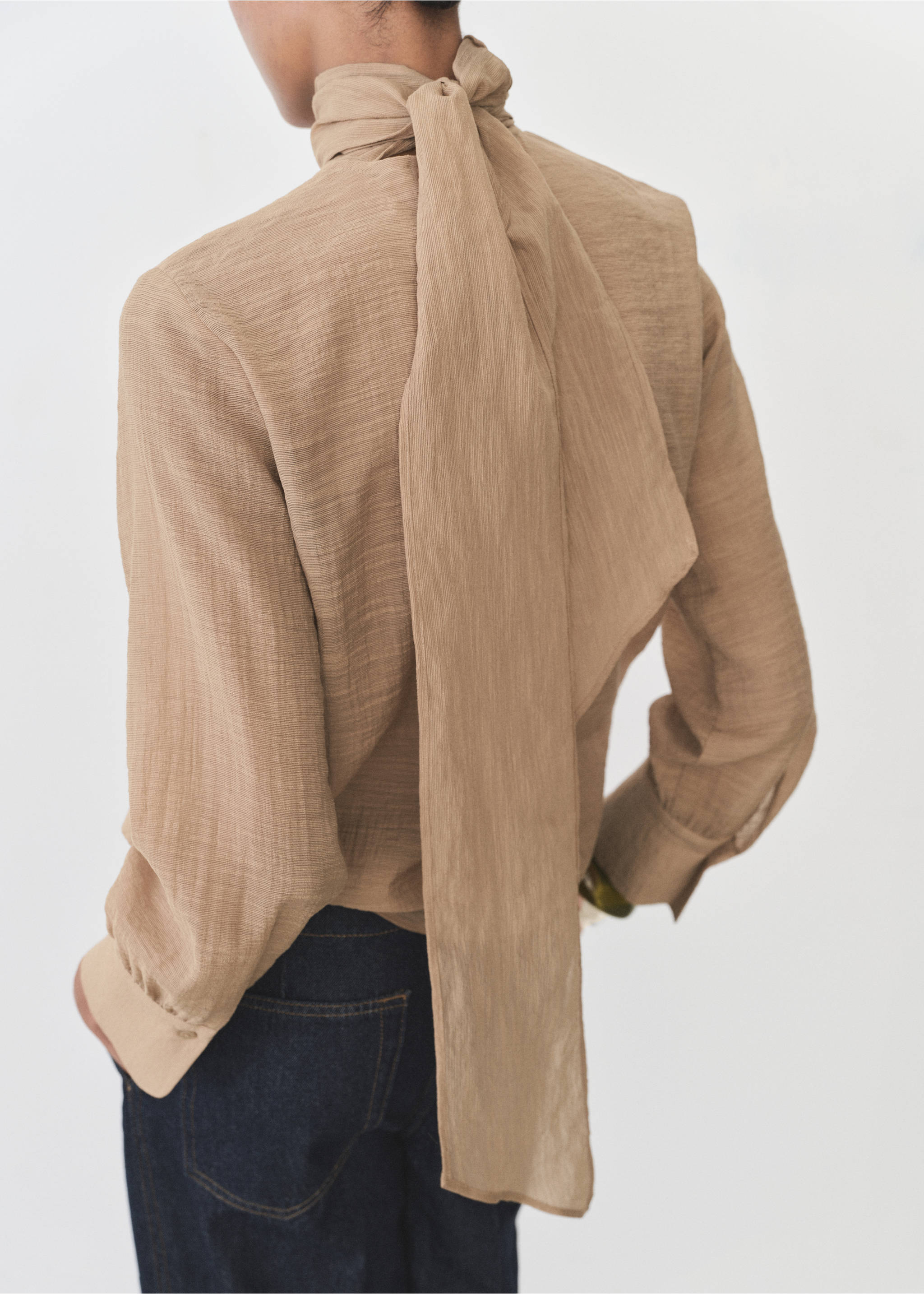 Textured blouse with bow - Reverse of the article, Brown. Ref: 87025766-00.