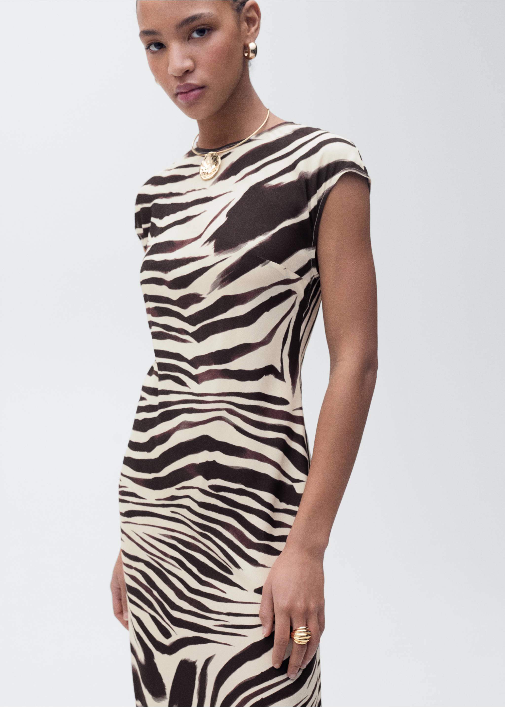 Zebra-print midi-dress - Medium plane, Ecru. Ref: 87025767-00.