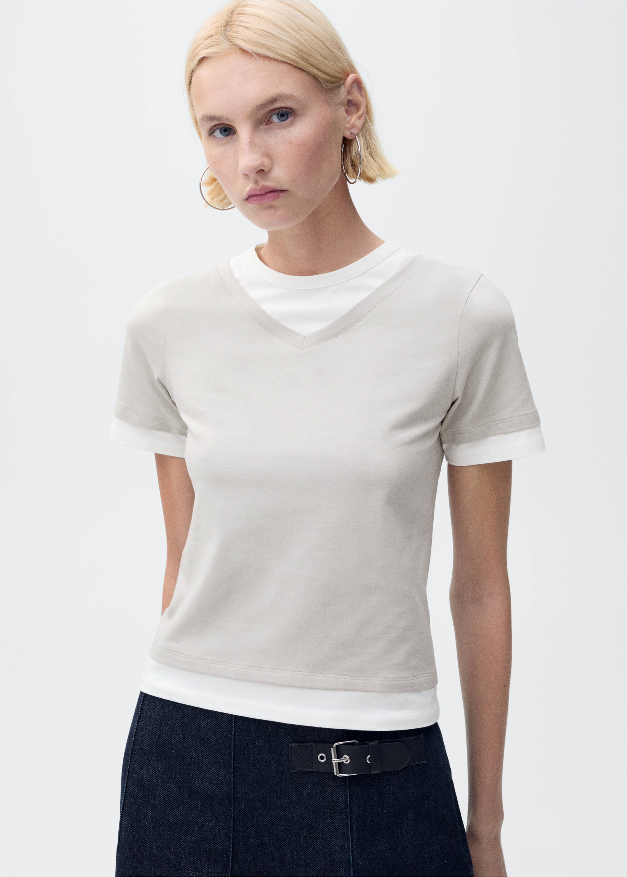 T-shirt combiné coton - Plan moyen, Gris. Ref: 87025768-00.