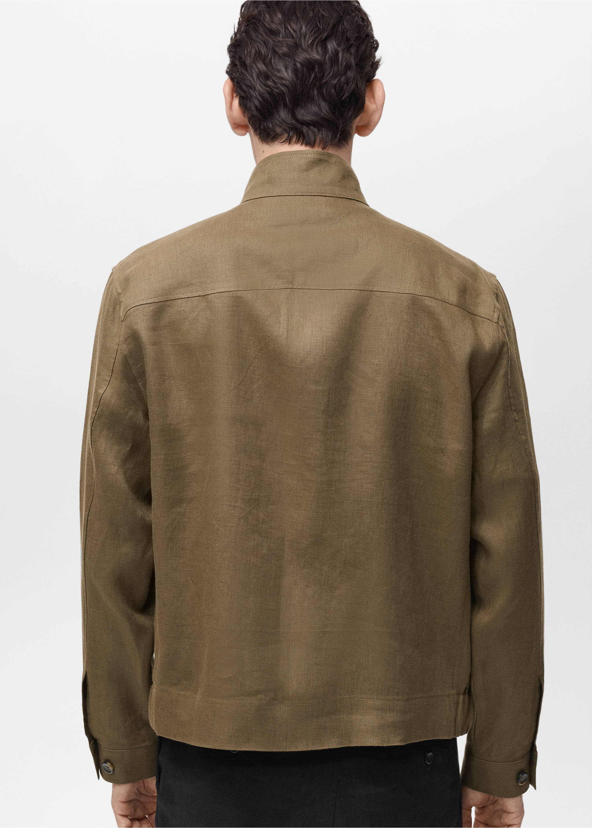 Jacke aus 100 % Leinen mit hohem Kragen - Rückseite des Artikels, Khaki. Ref: 87025920-00.