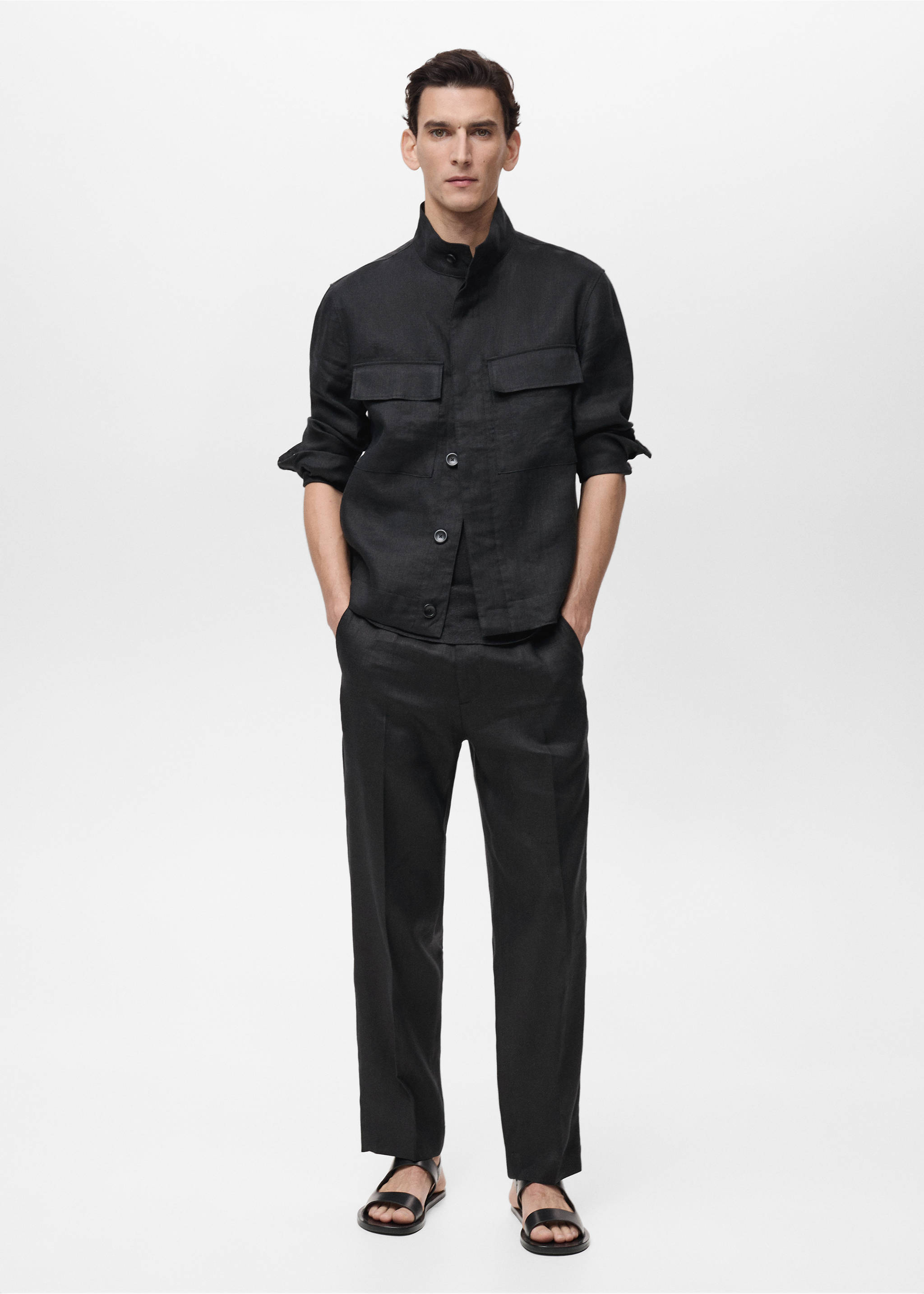 Jacke aus 100 % Leinen mit hohem Kragen - Allgemeine Ansicht, Schwarz. Ref: 87025920-00.