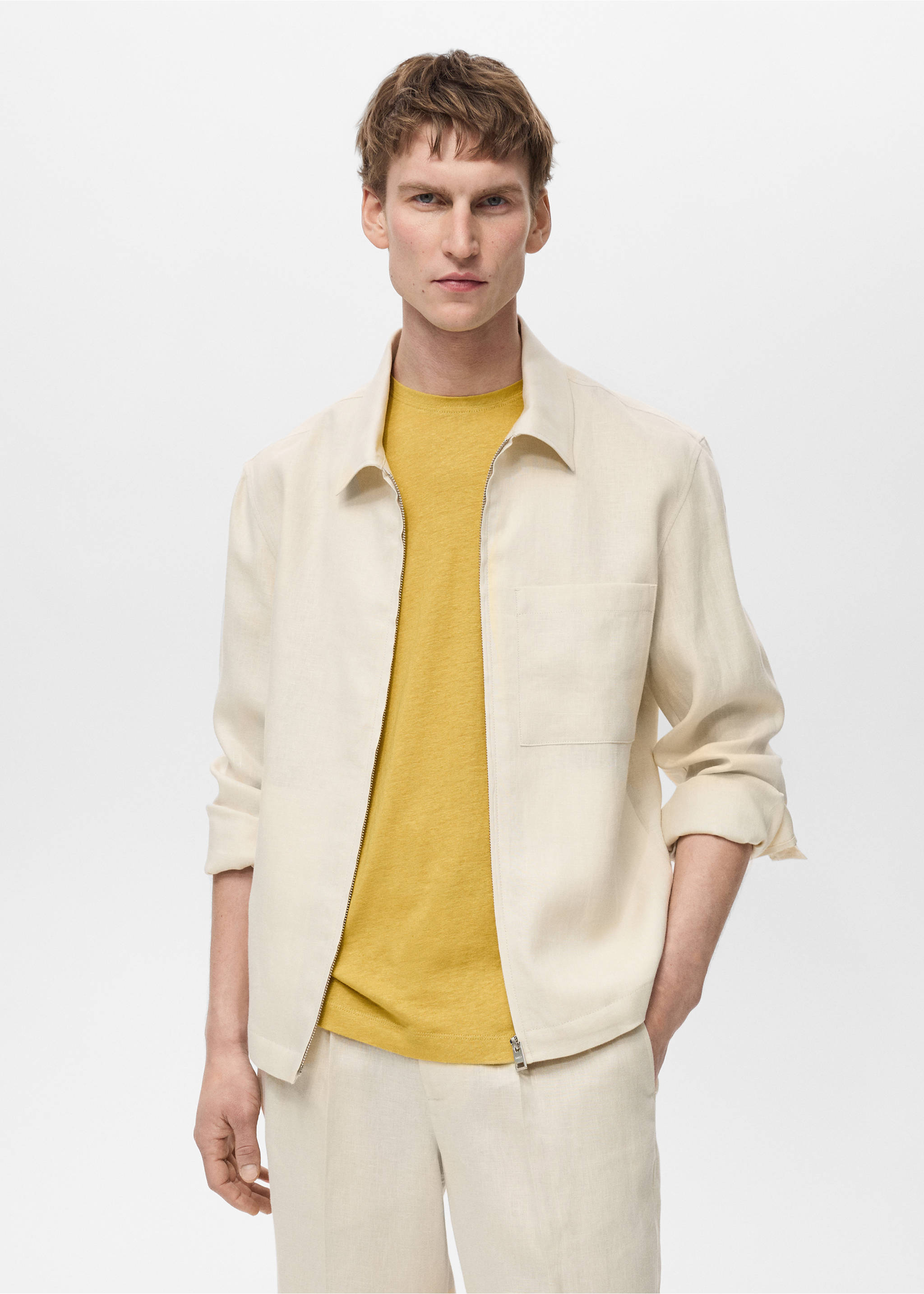 100% linen jacket with zip - Medium plane, Ivory White. Ref: 87025921-00.