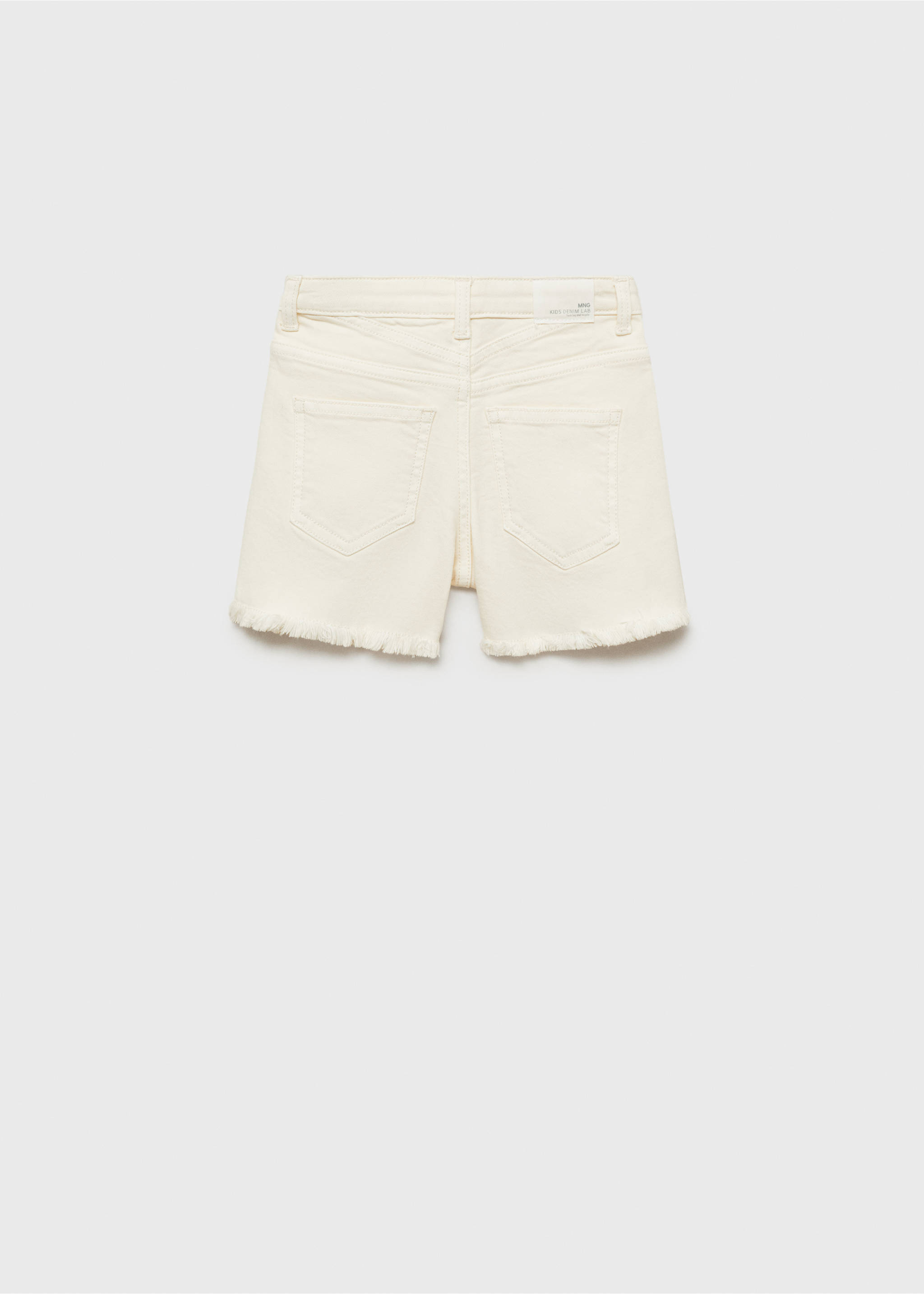 Back view of off-white kids denim shorts with frayed hems, White. Ref: 87025947-00.