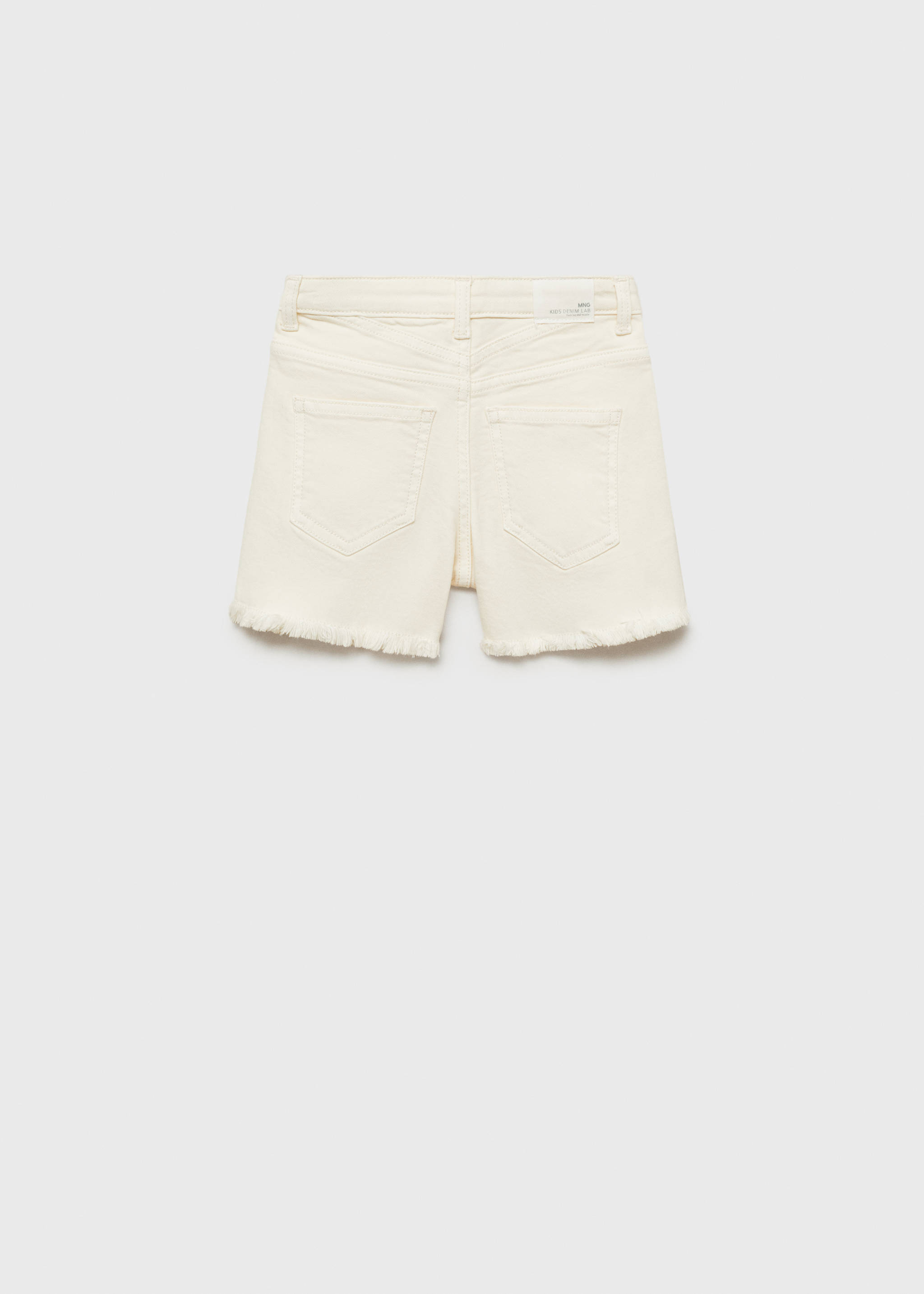 Back view of off-white kids denim shorts with frayed hems