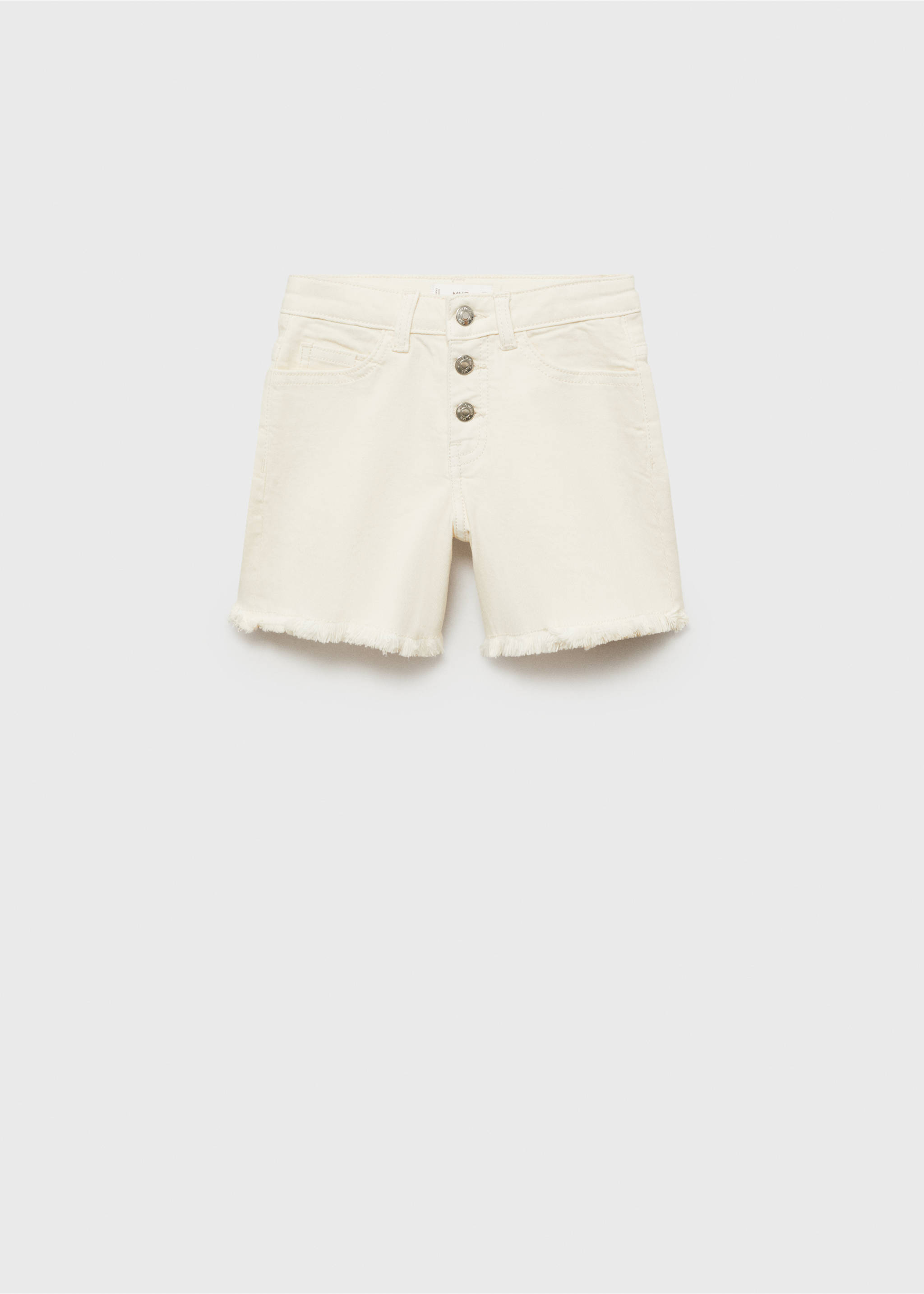 Off-white denim shorts with a button fly and frayed hems., White. Ref: 87025947-00.