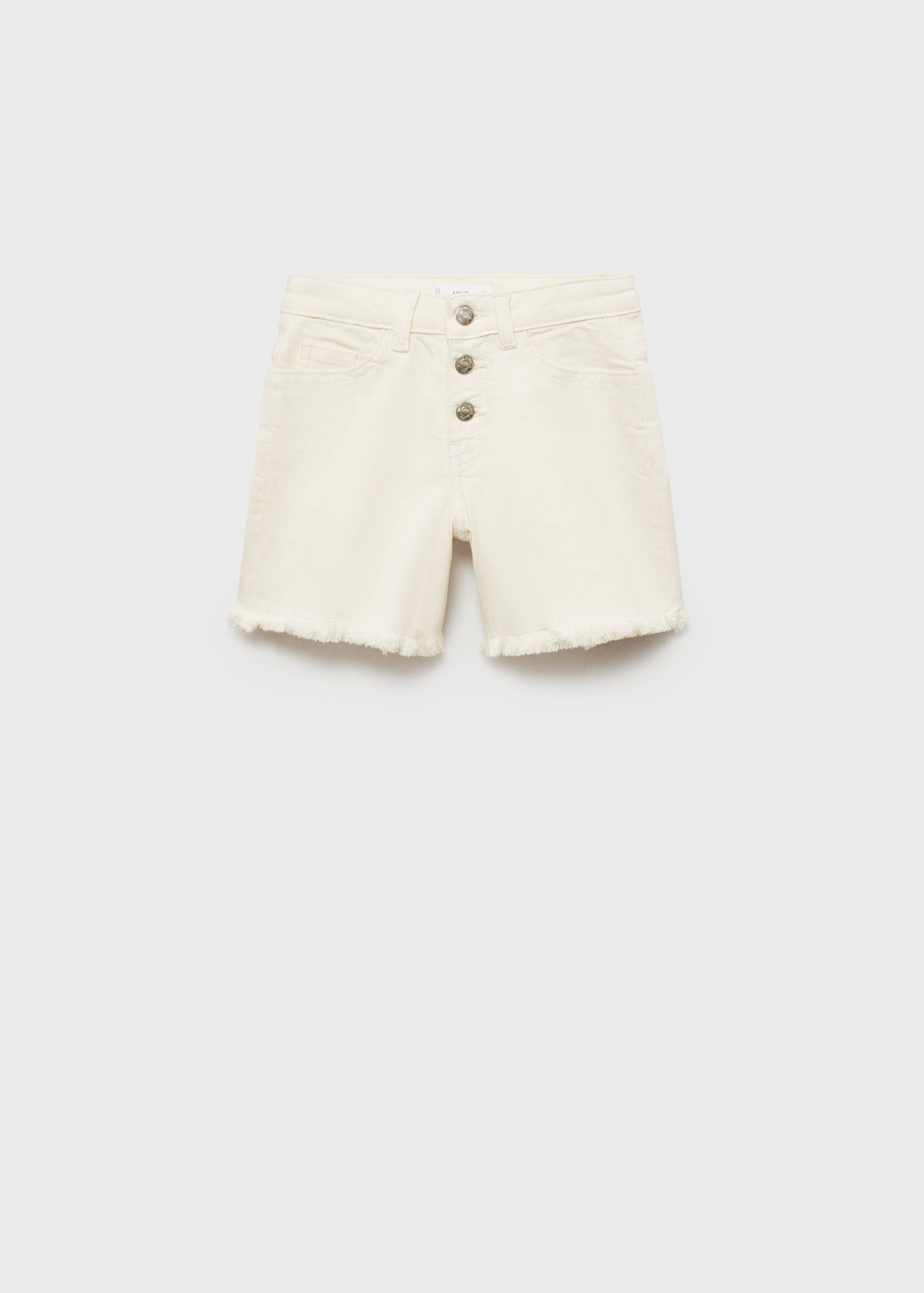 Off-white denim shorts with a button fly and frayed hems.