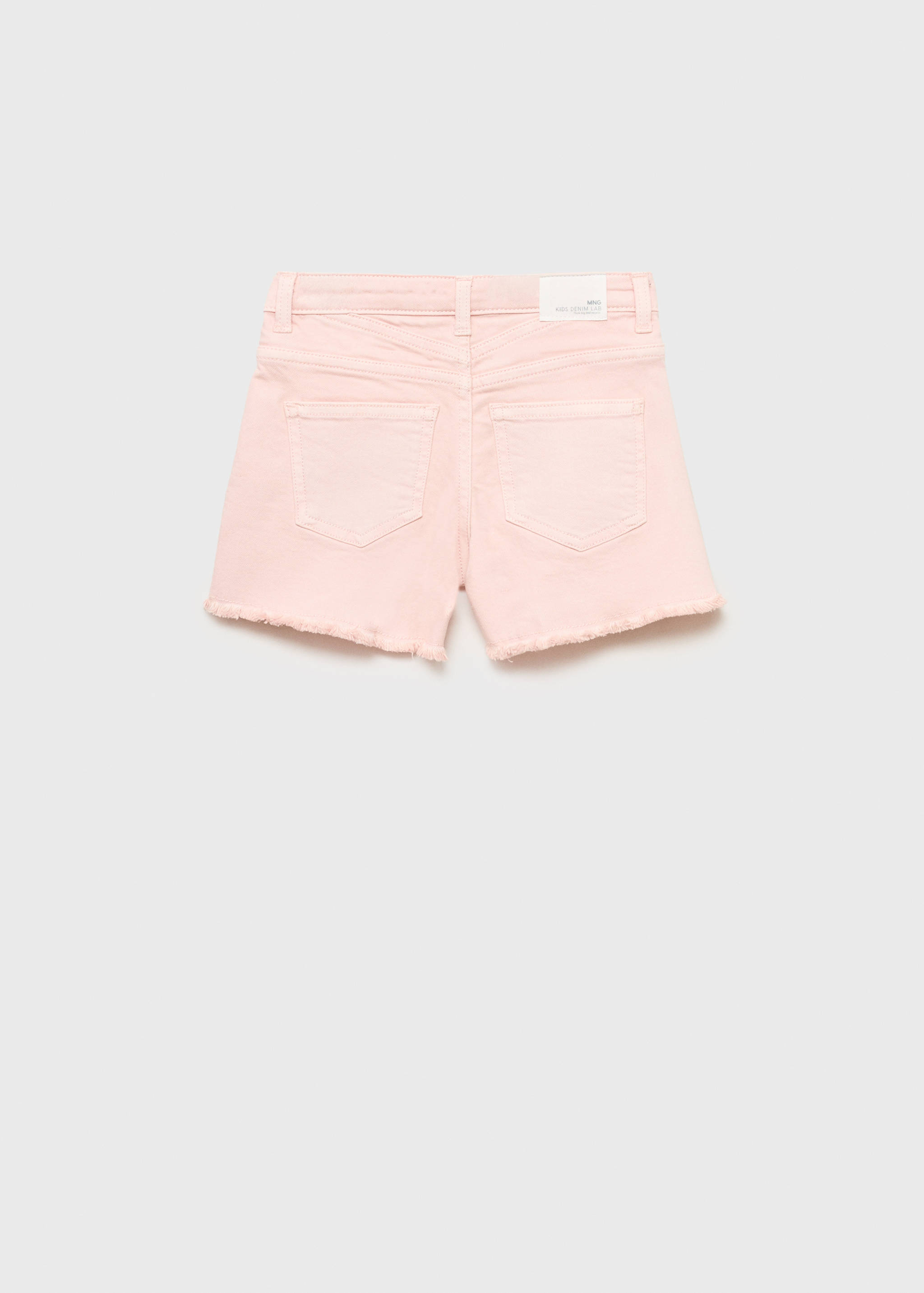 Pink denim shorts, back view with frayed hems.