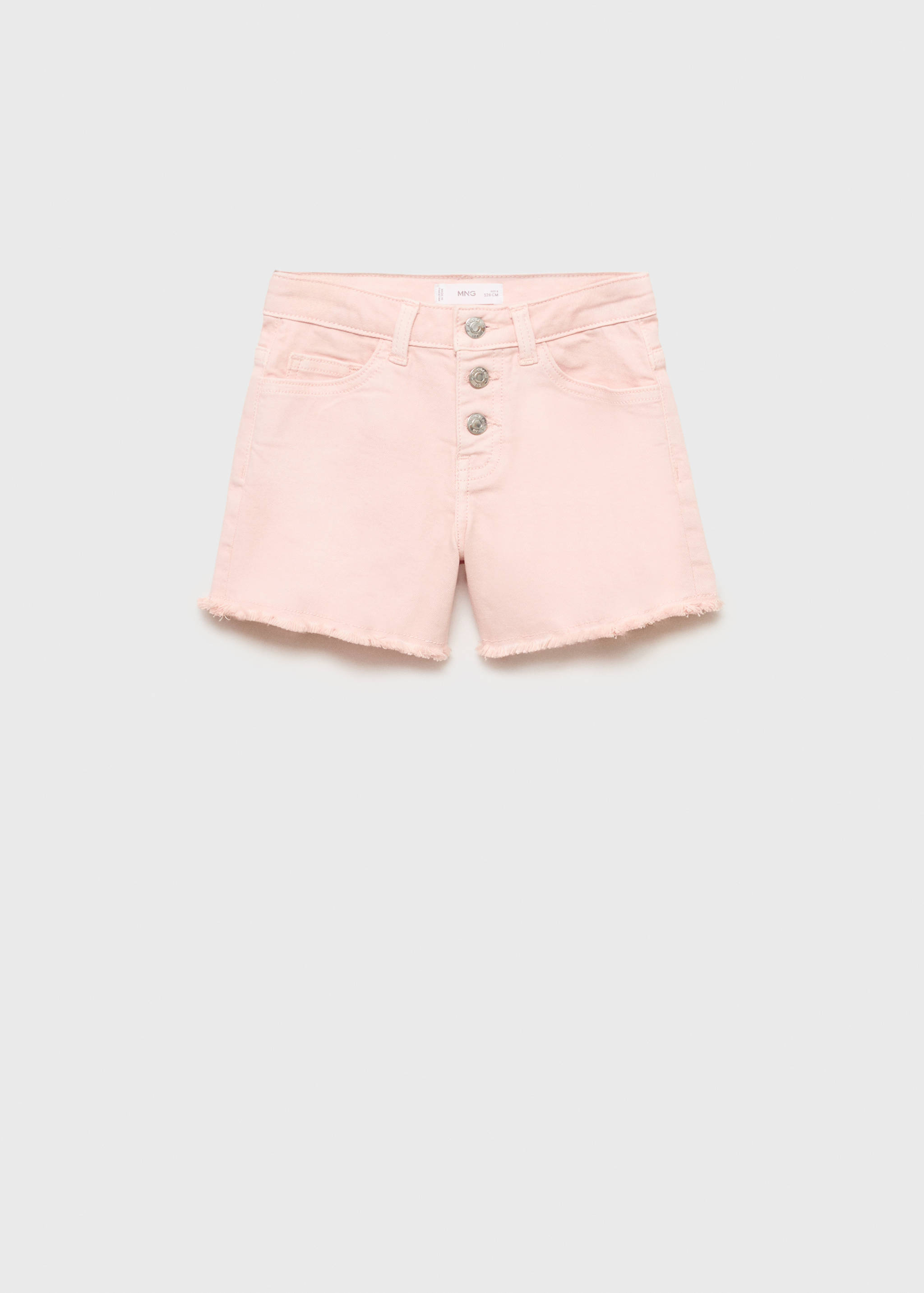 Pink denim shorts with a button-fly and raw-edge hems.