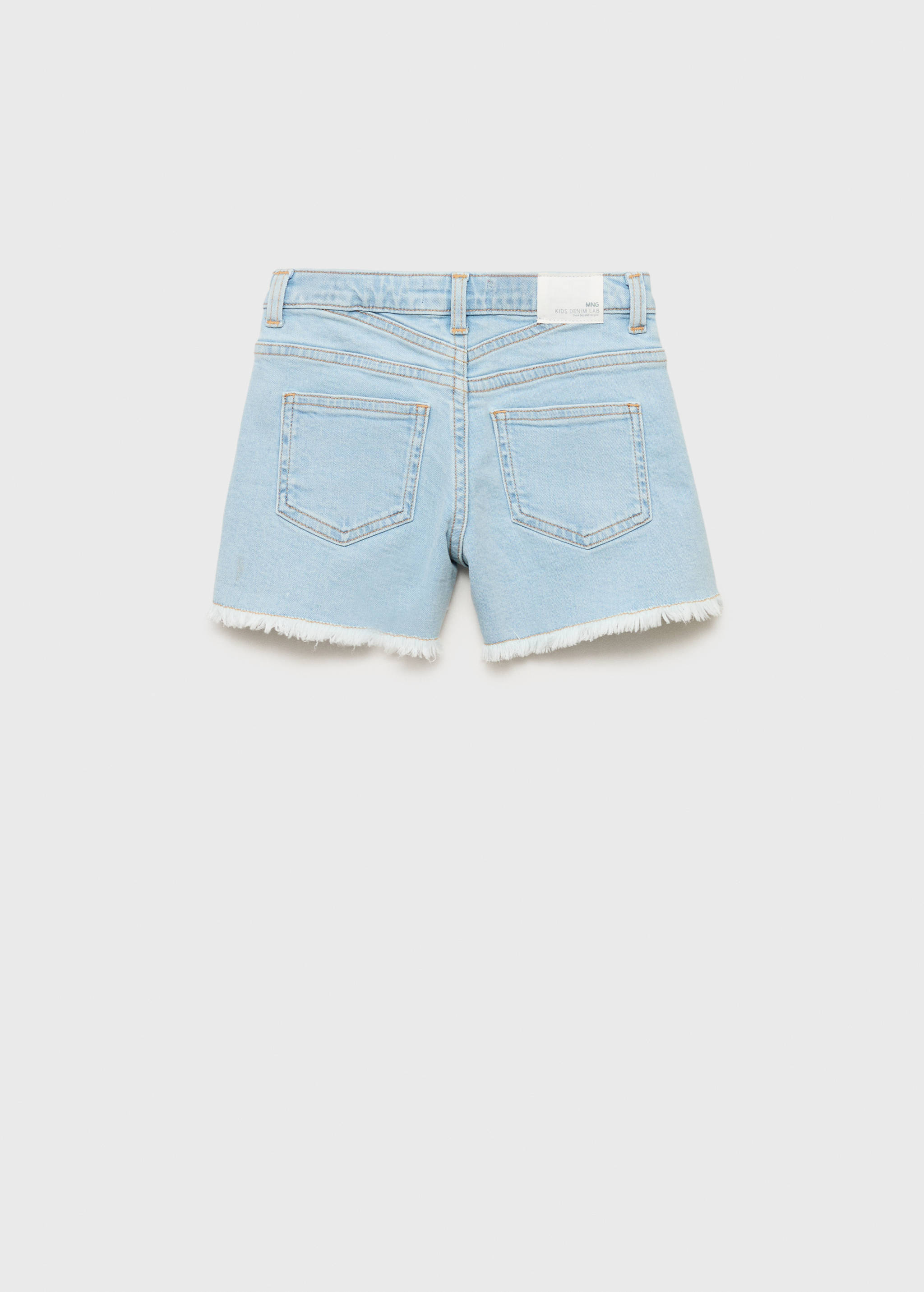 Light blue denim shorts with frayed hems, back view.