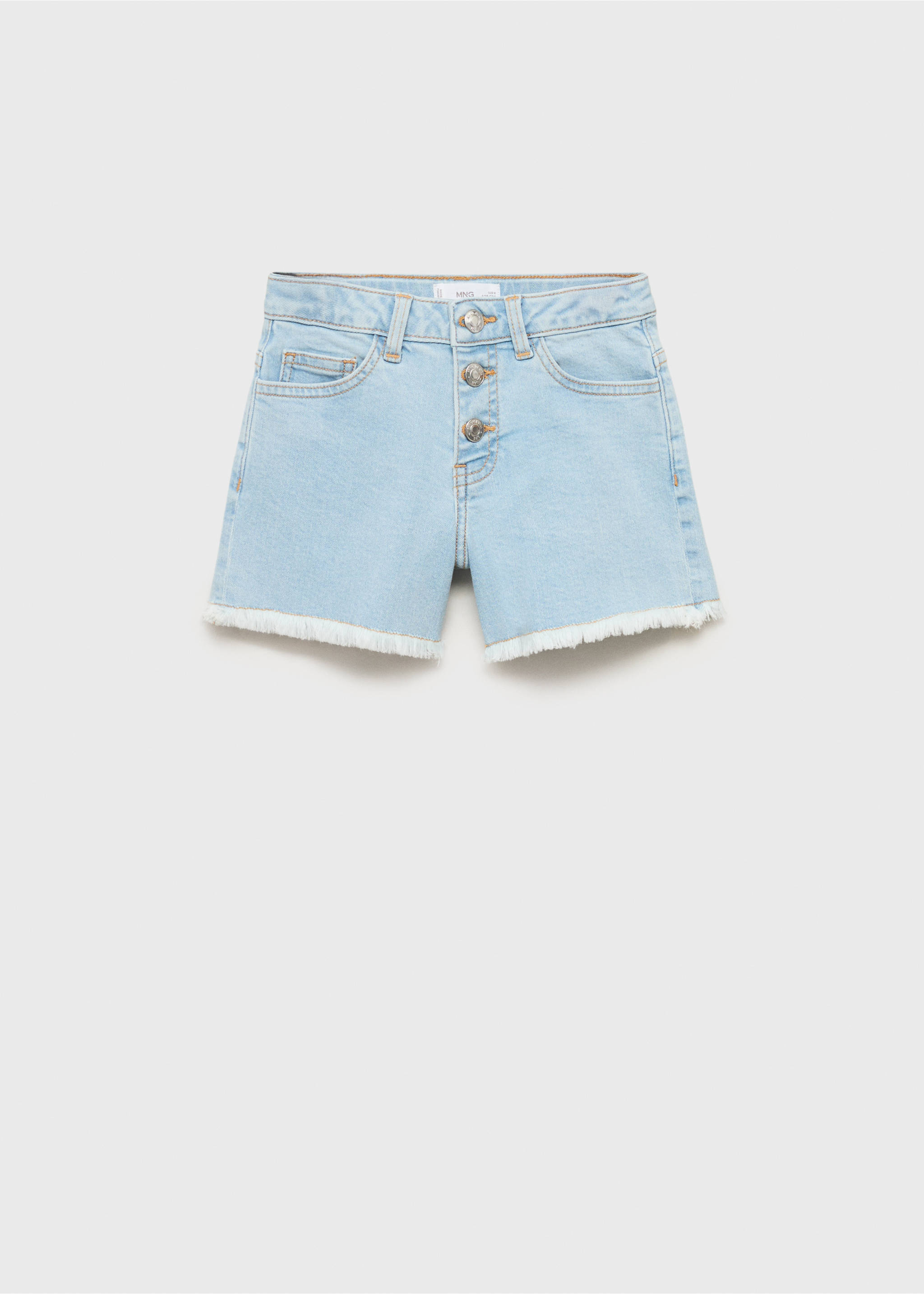 Light blue denim shorts with a button-up front and fringed hems., Light Blue. Ref: 87025947-00.