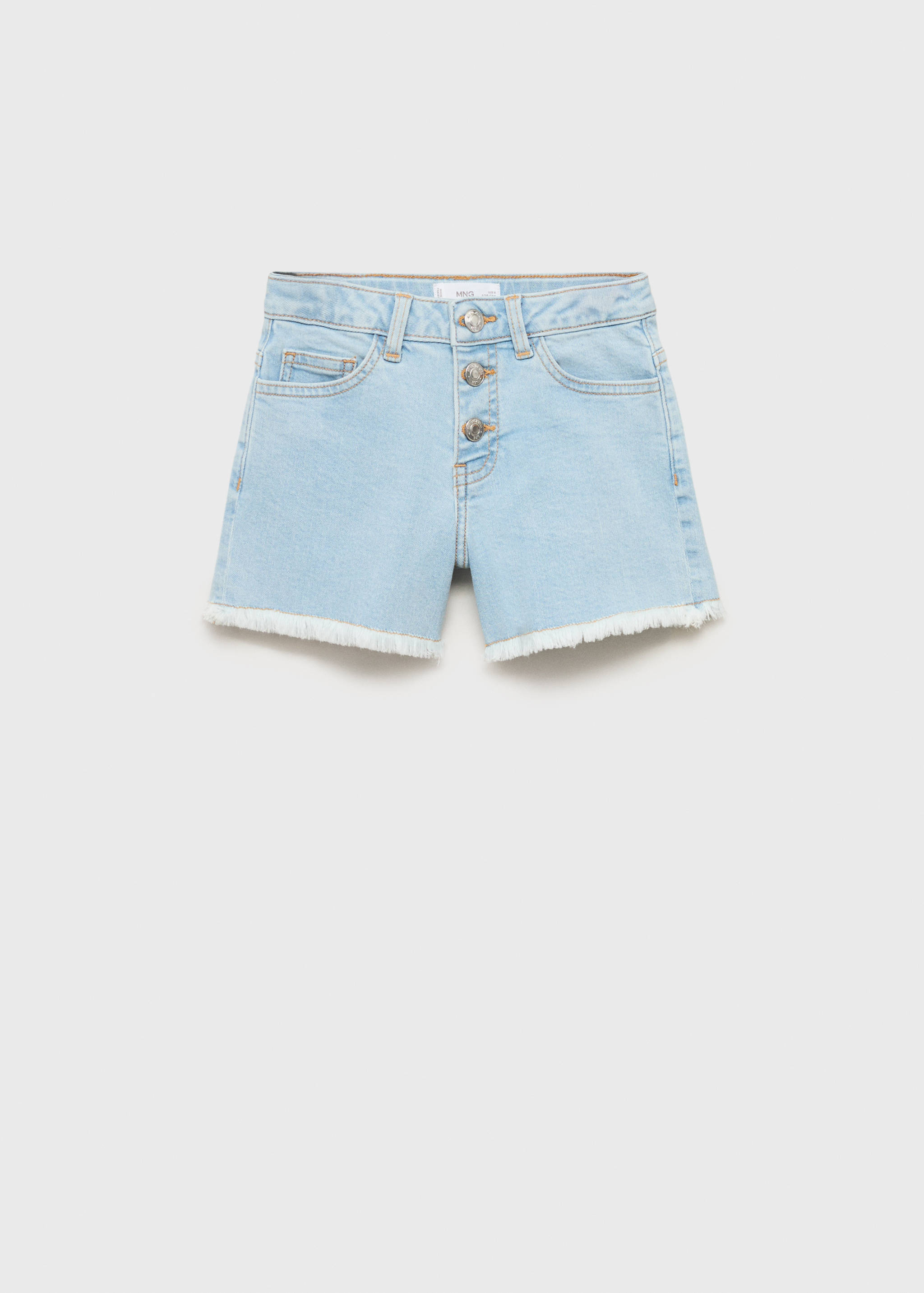 Light blue denim shorts with a button-up front and fringed hems.