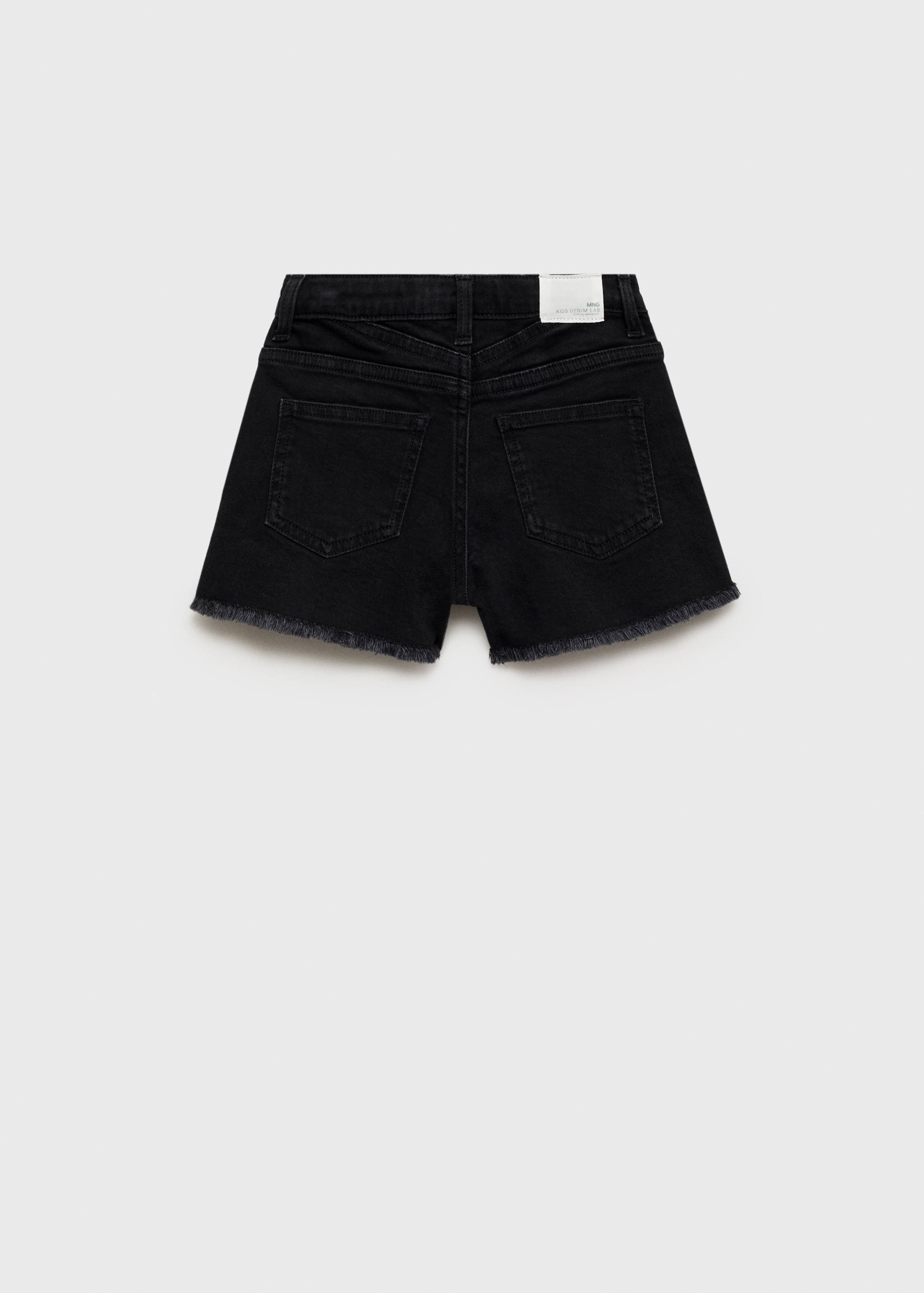 Black denim shorts shown from the back with raw hems.