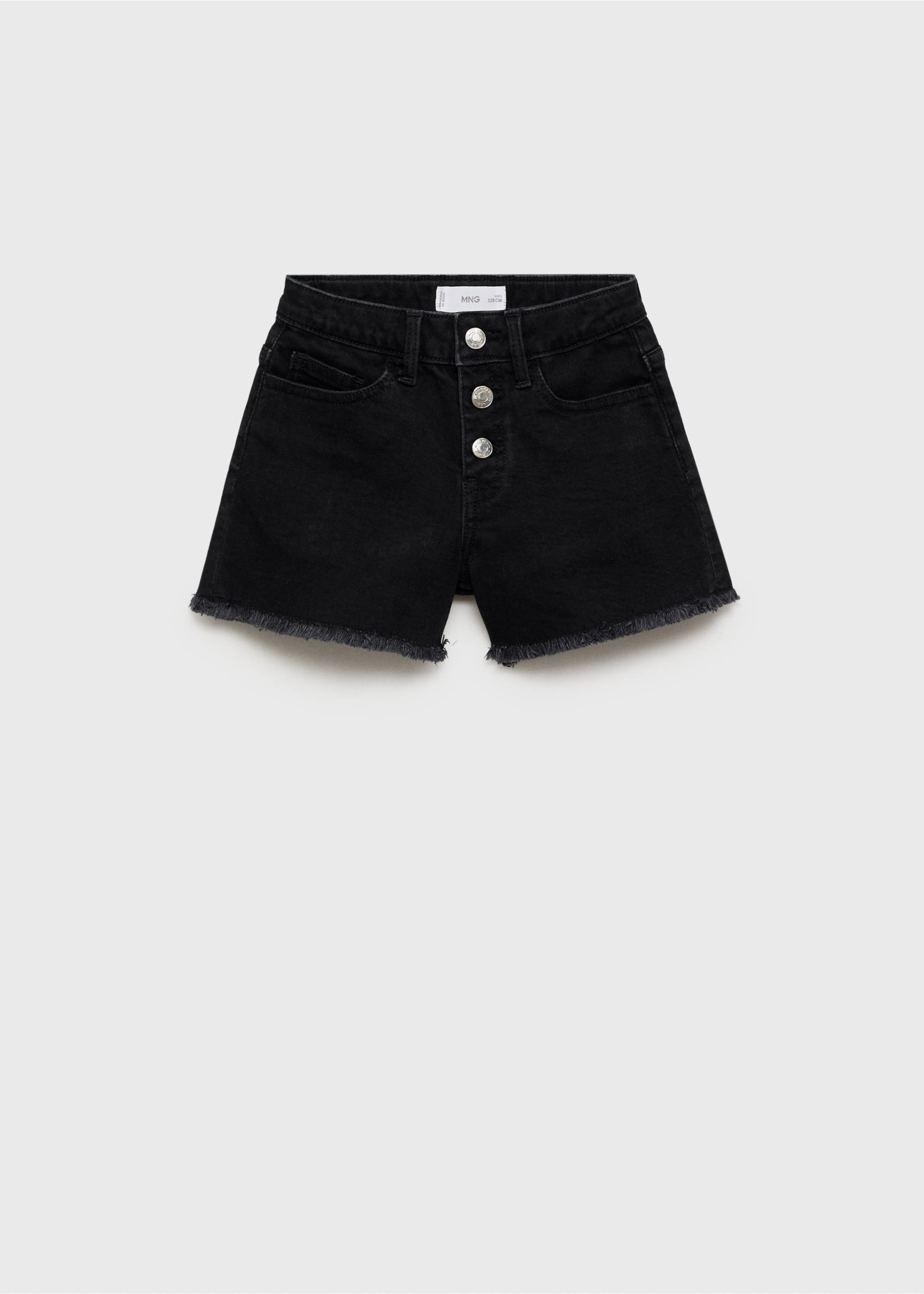 Black denim shorts with a button-fly closure and raw frayed hems., Black denim. Ref: 87025947-00.