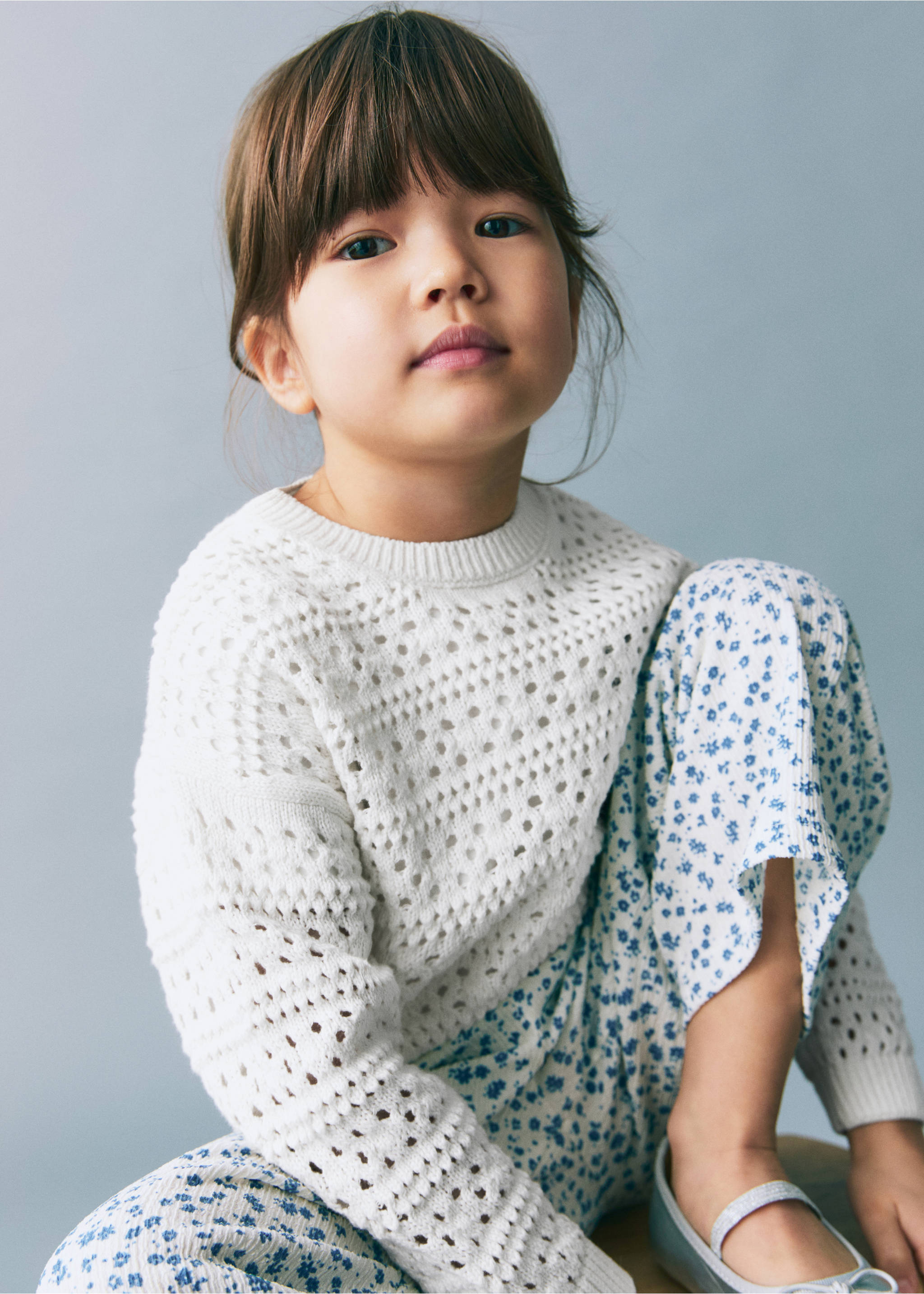 Bavlněný ažurový svetr - Celkový náhled, Bílá. Ref: 87025952-00.