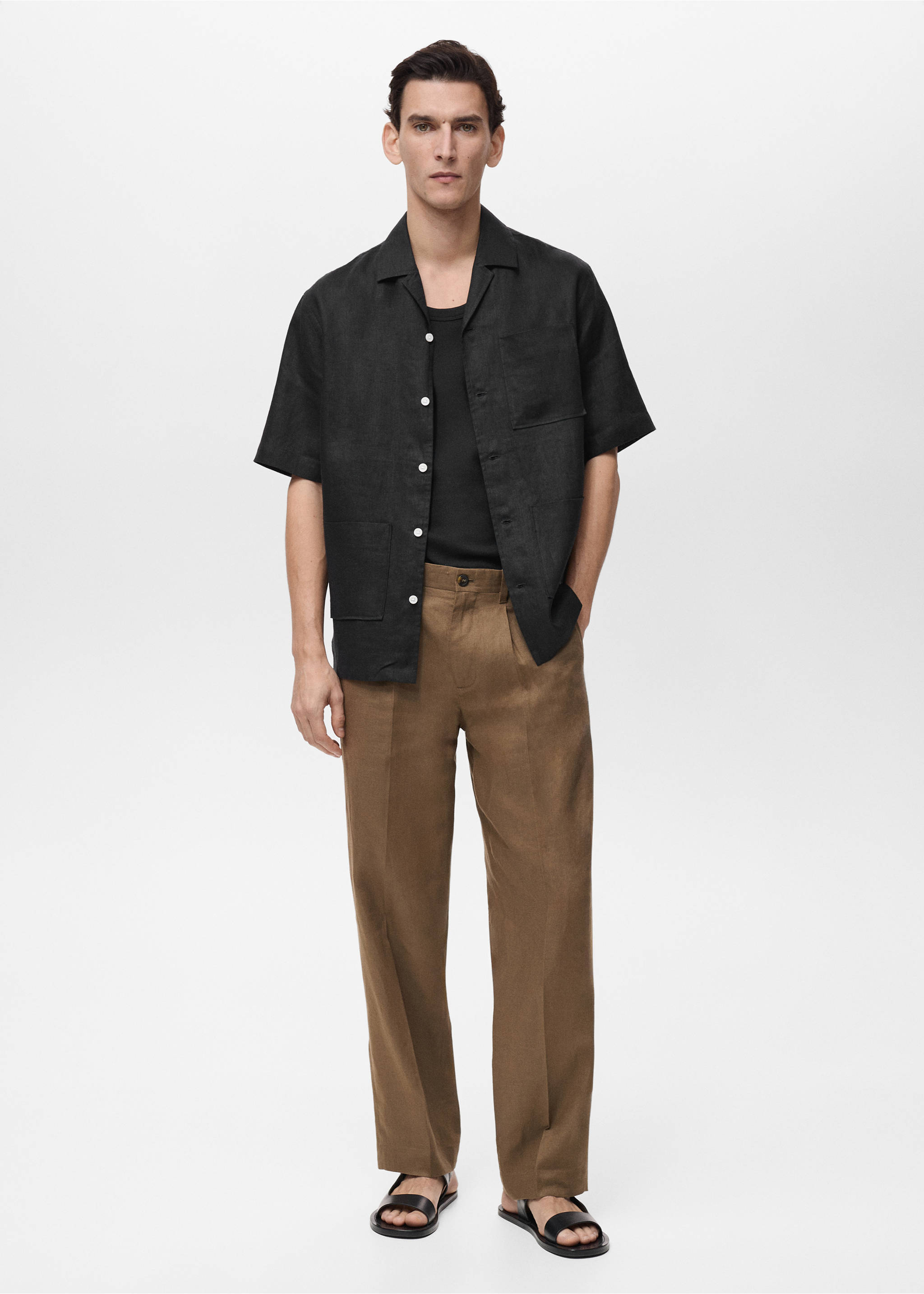100% linen short sleeve shirt - General plane, Black. Ref: 87025953-00.