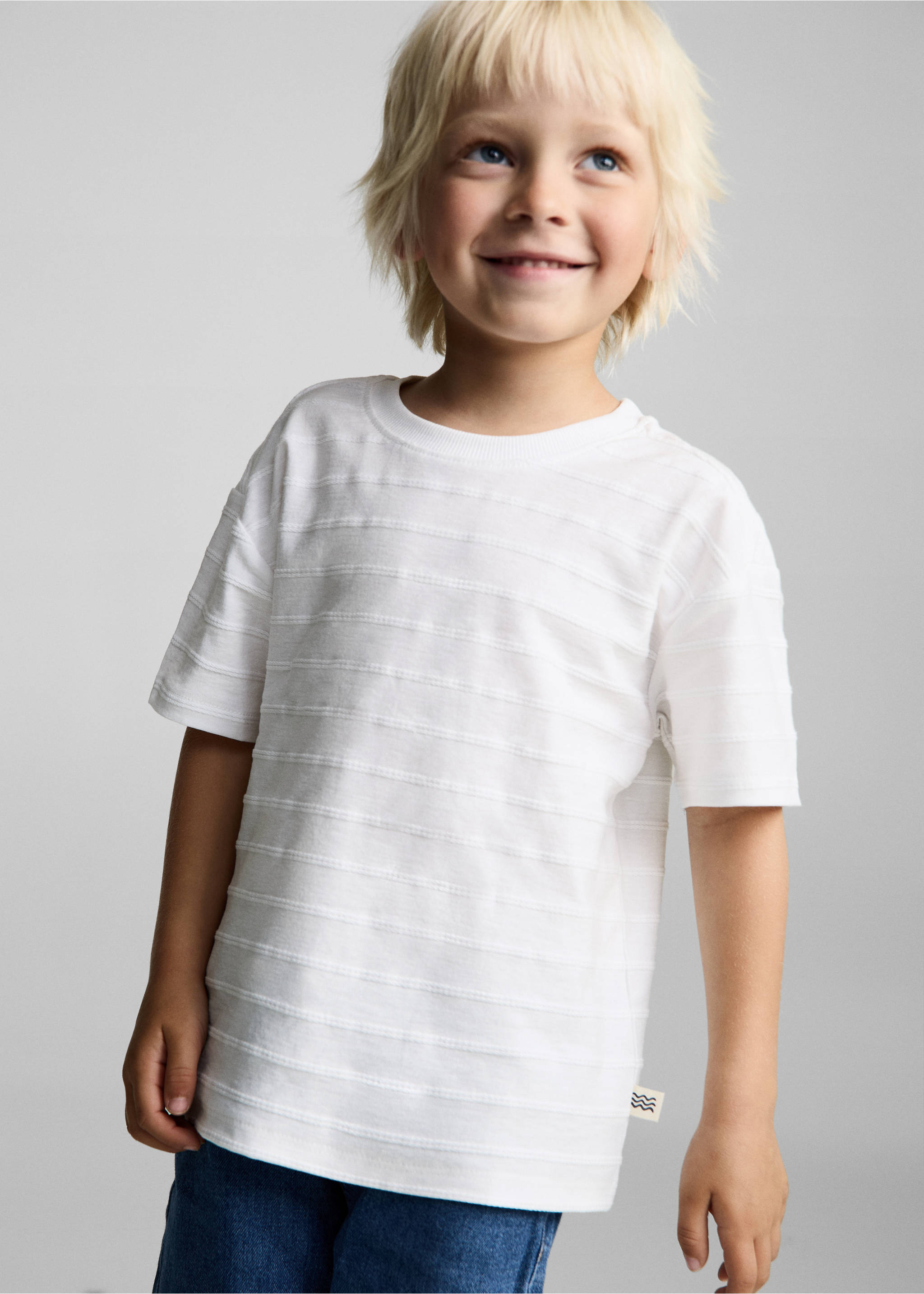 T-Shirt Baumwolle Streifen Relief - Mittlere Ansicht, Cremeweiß. Ref: 87025964-00.