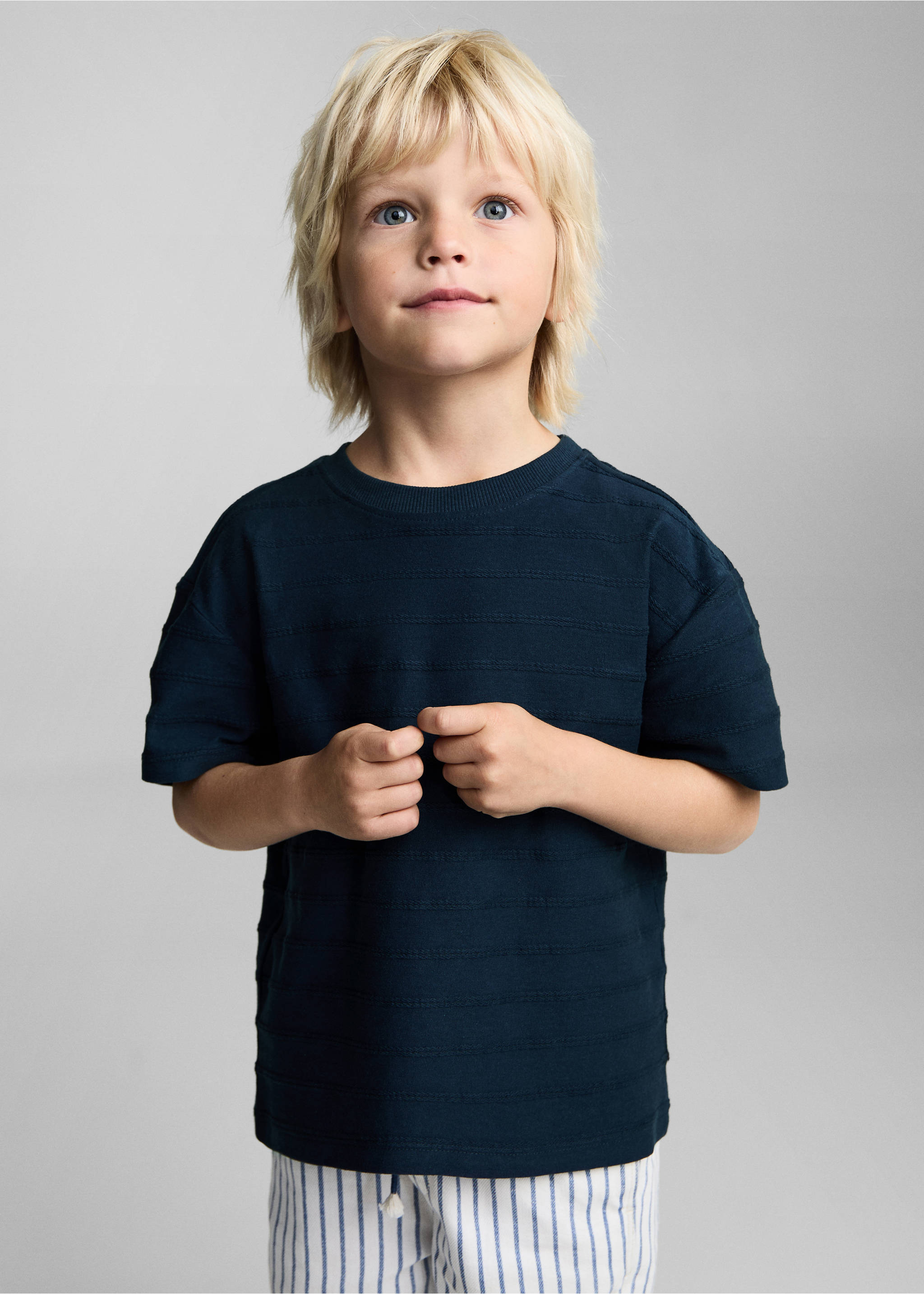 Embossed striped cotton T-shirt - Medium plane, Dark Navy. Ref: 87025964-00.