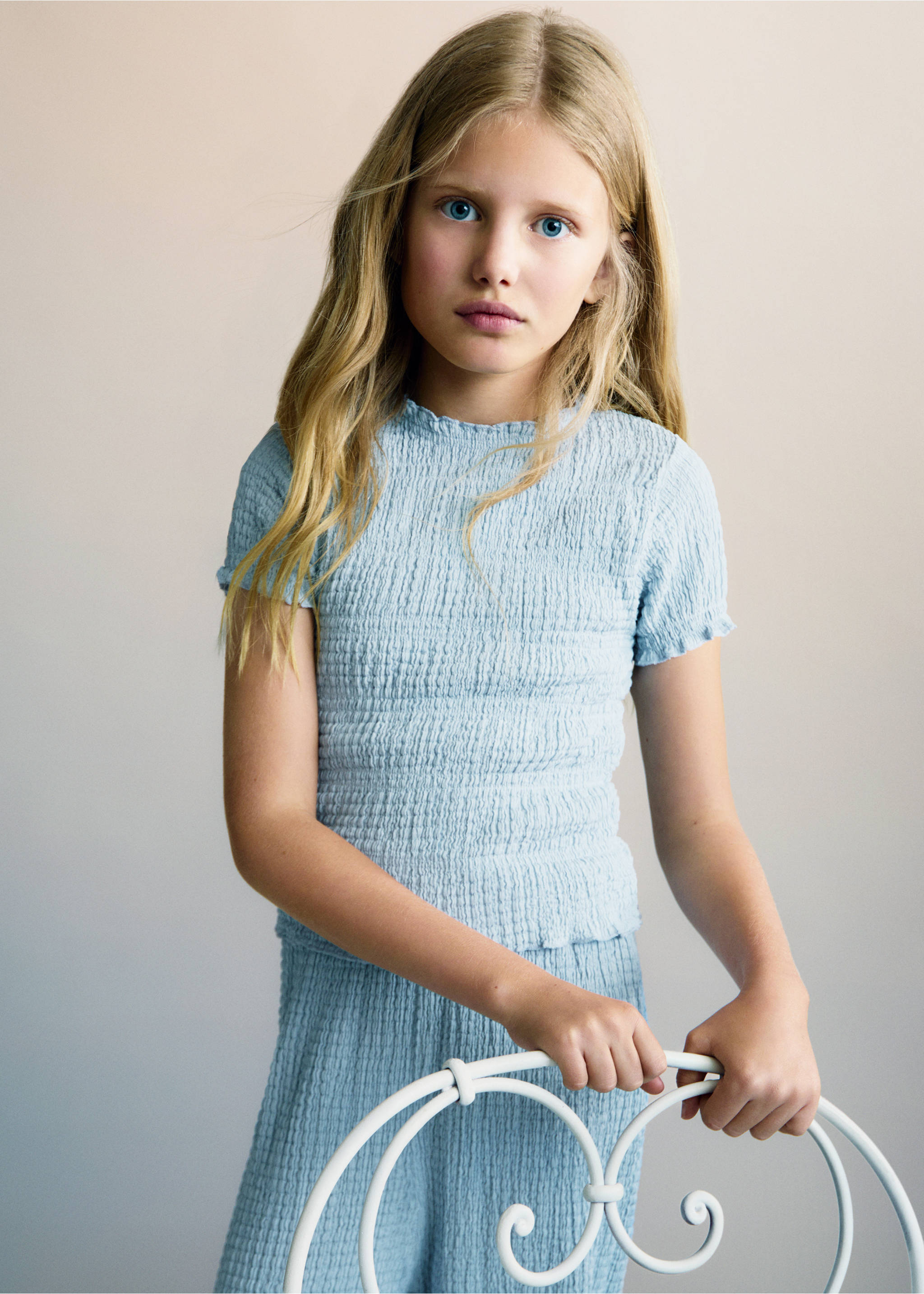 Gerafftes Kurzarm-T-Shirt - Mittlere Ansicht, Himmelblau. Ref: 87025979-00.