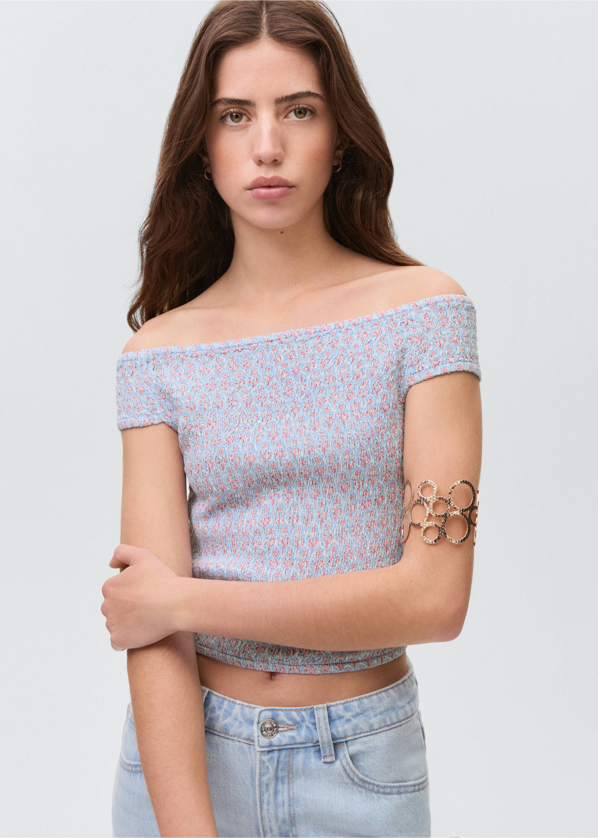Top off-shoulder estampado - Plano medio, Azul celeste. Ref: 87026339-00.