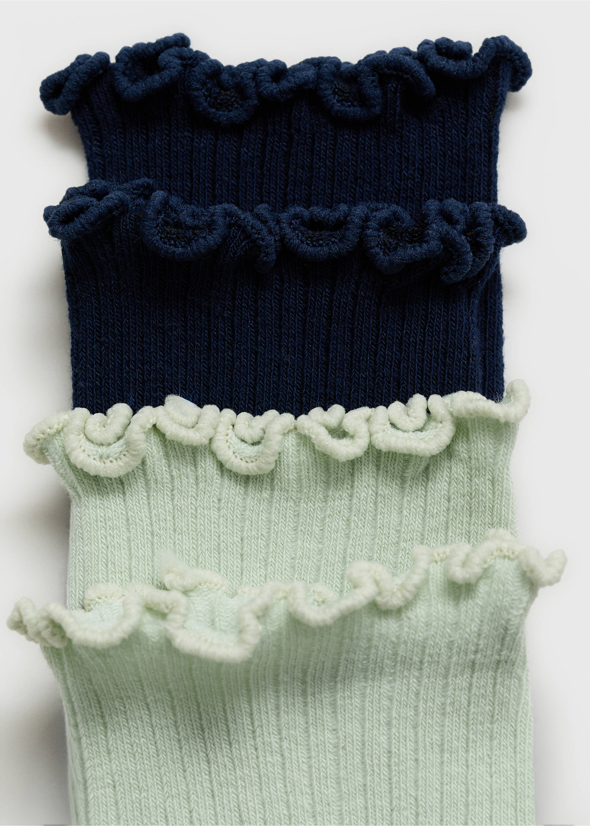 Pack of children's ribbed socks in navy and mint green with ruffled cuffs., Pastel Green. Ref: 87026348-00.