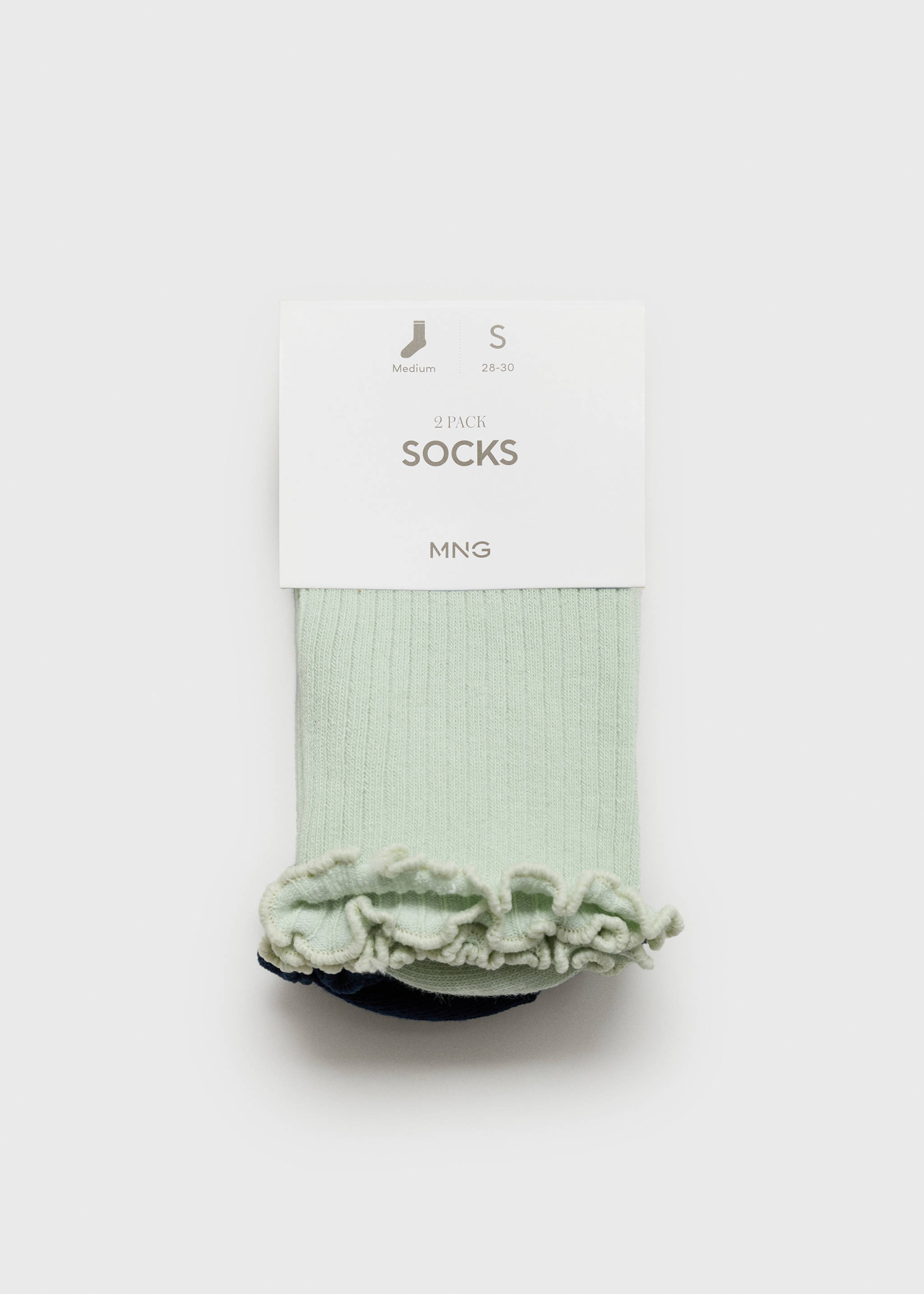 Pale mint green ribbed socks with ruffled cuffs, shown in a two-pack packaging detail.