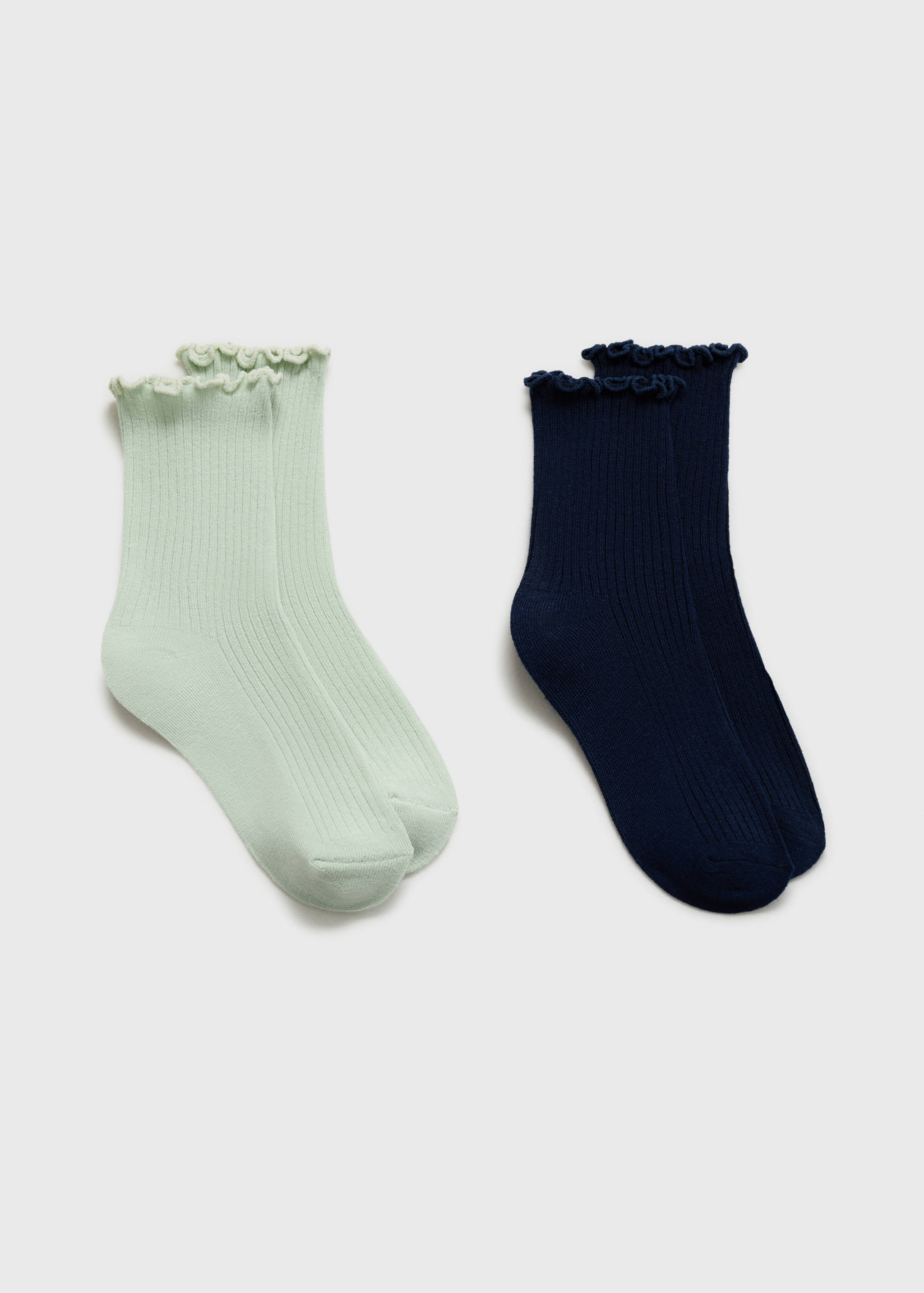 Pack of two ribbed socks in light green and navy blue with frilled cuffs.