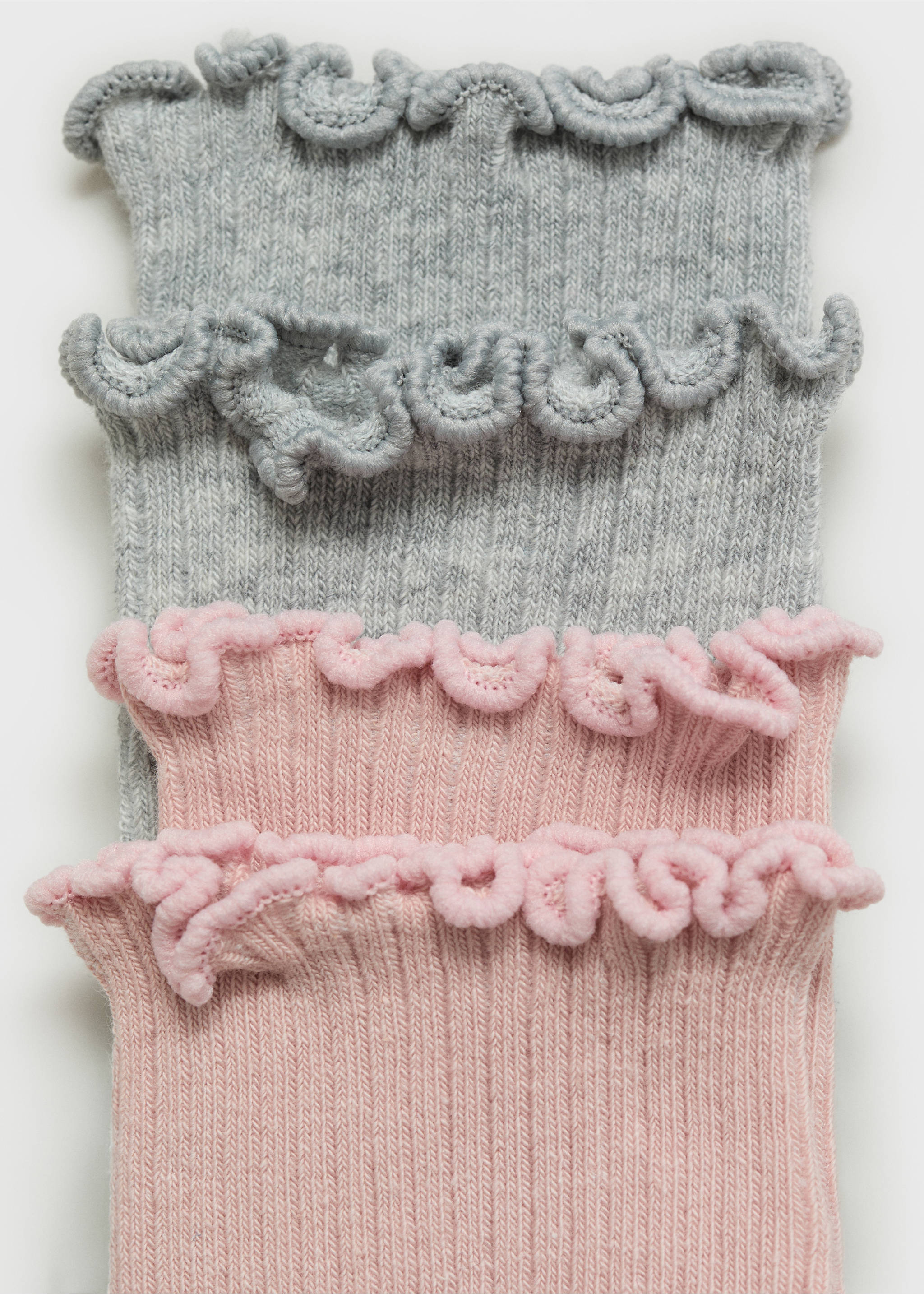 Two pairs of grey and pink ribbed socks with ruffled cuffs., Pale Pink. Ref: 87026348-00.