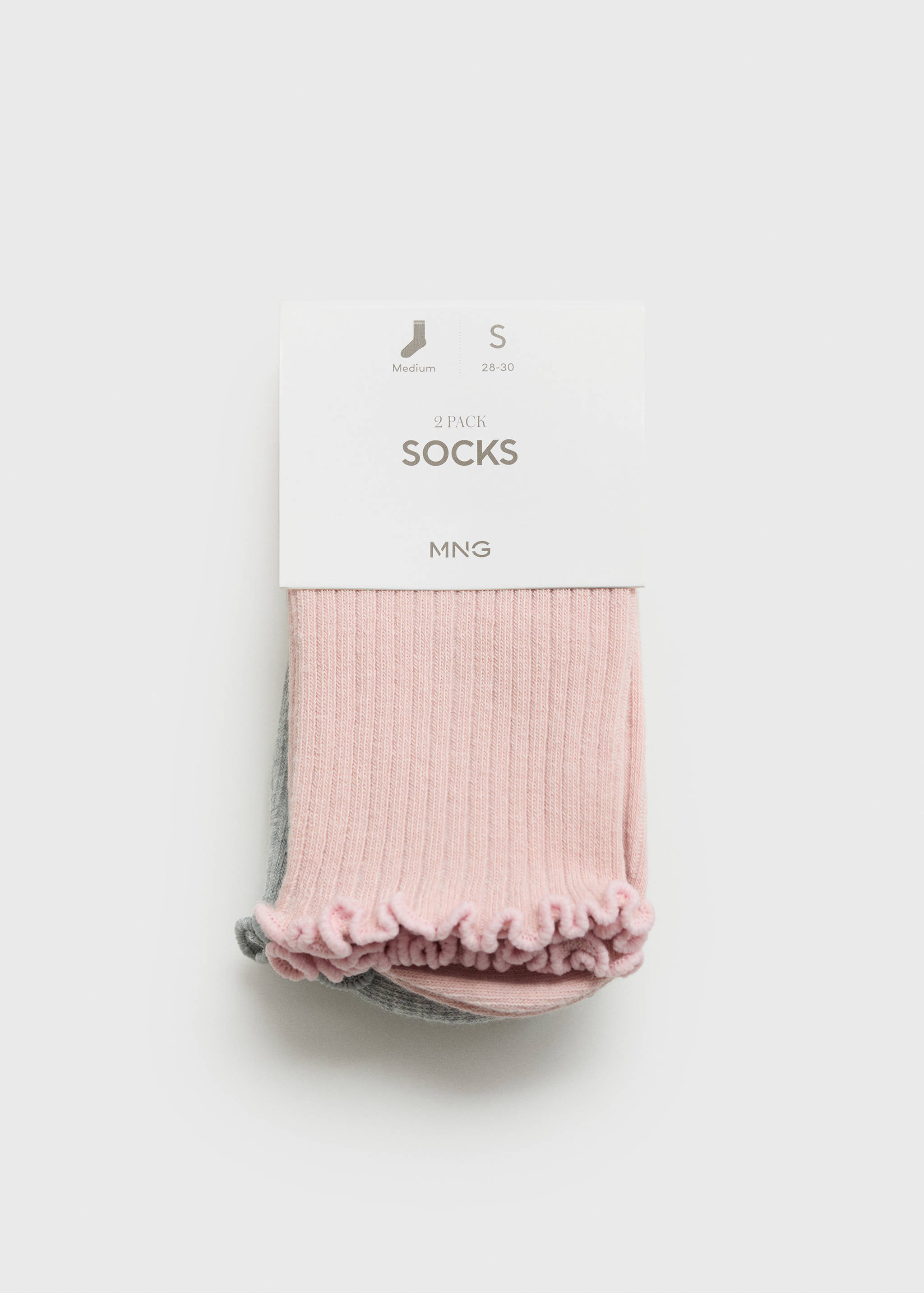 Pink and grey ribbed socks with ruffled cuffs, in a two-pack.