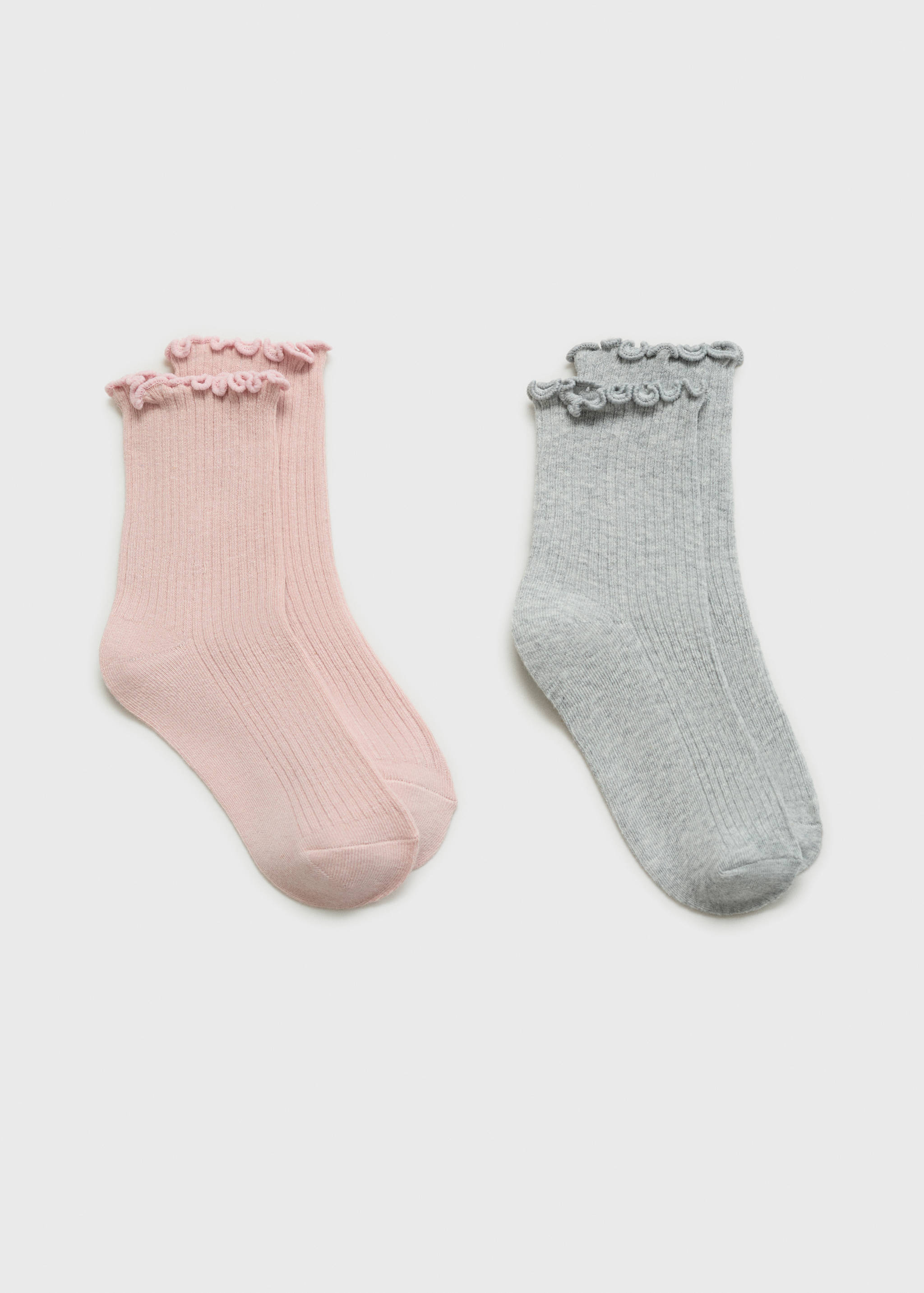 Two pairs of kids' ribbed socks in pink and grey with ruffled cuffs.