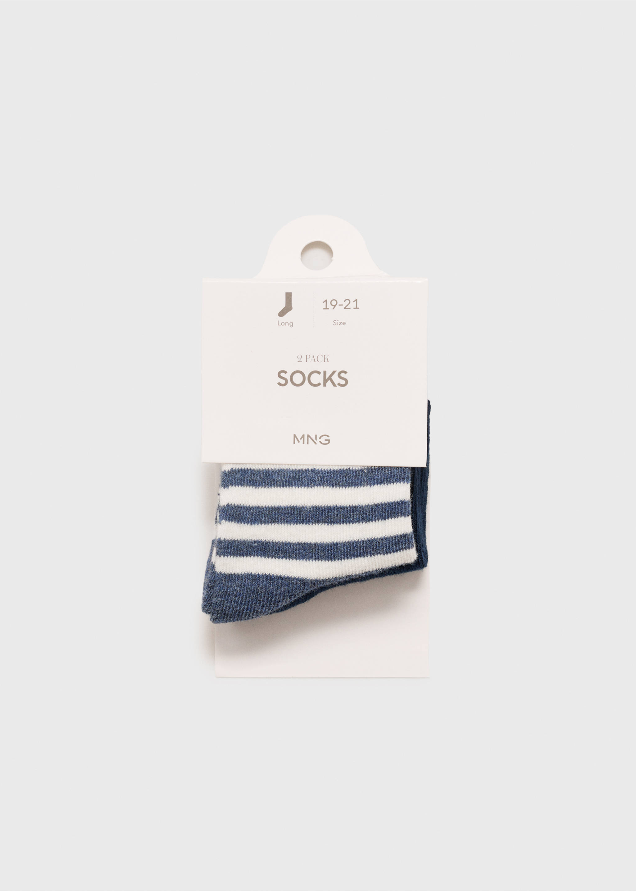 Close-up of blue and white striped ribbed socks on a hanger., Dark Navy. Ref: 87026350-00.