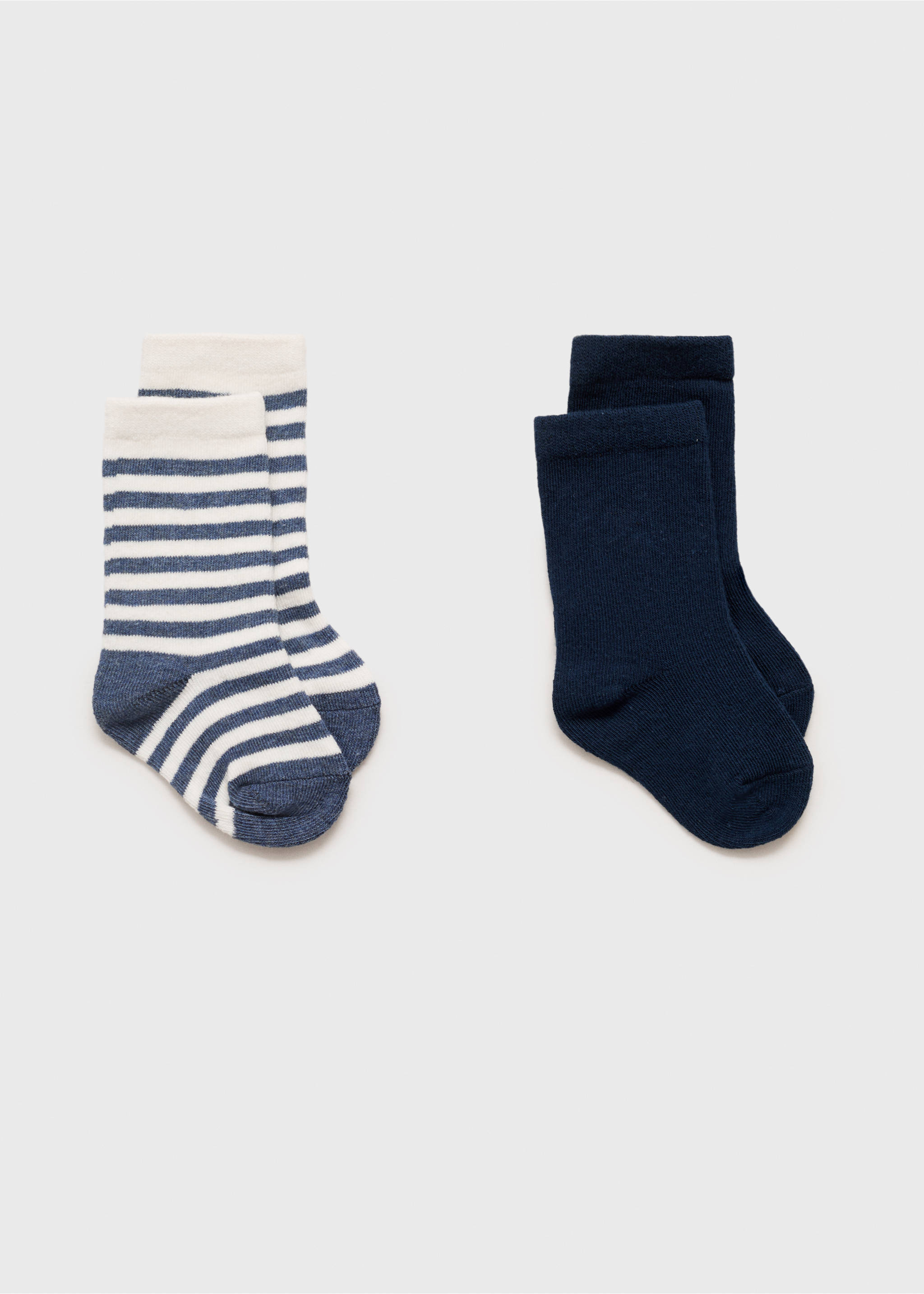 Two pairs of children's socks: one blue and white striped, one solid navy., Dark Navy. Ref: 87026350-00.