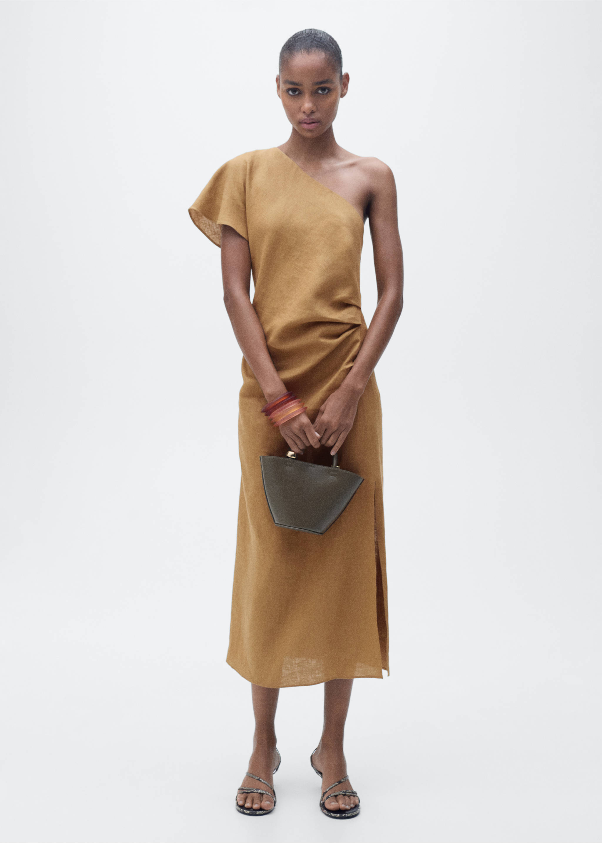 Asymmetrical linen dress - General plane, Medium Brown. Ref: 87027165-00.