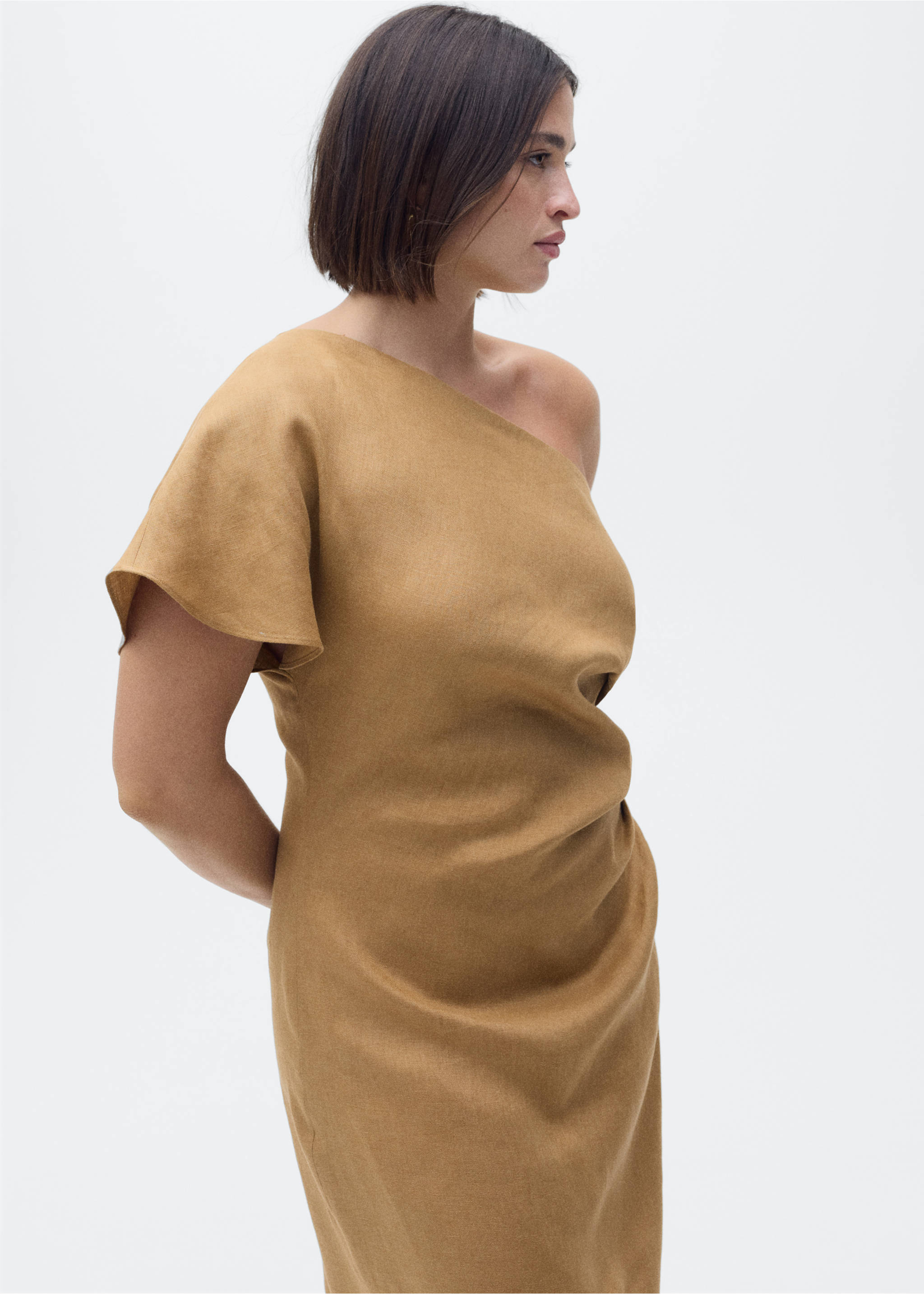 Asymmetrical linen dress - Details of the article 5, Medium Brown. Ref: 87027165-00.